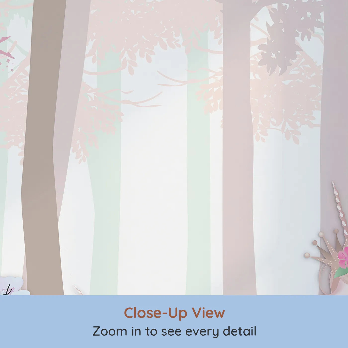 Close-up view of Whimsy Tots' Unicorn Blossom Forest Wall Mural (Turn Their Room into an Enchanted, Fairytale Woodland).Best for Girls