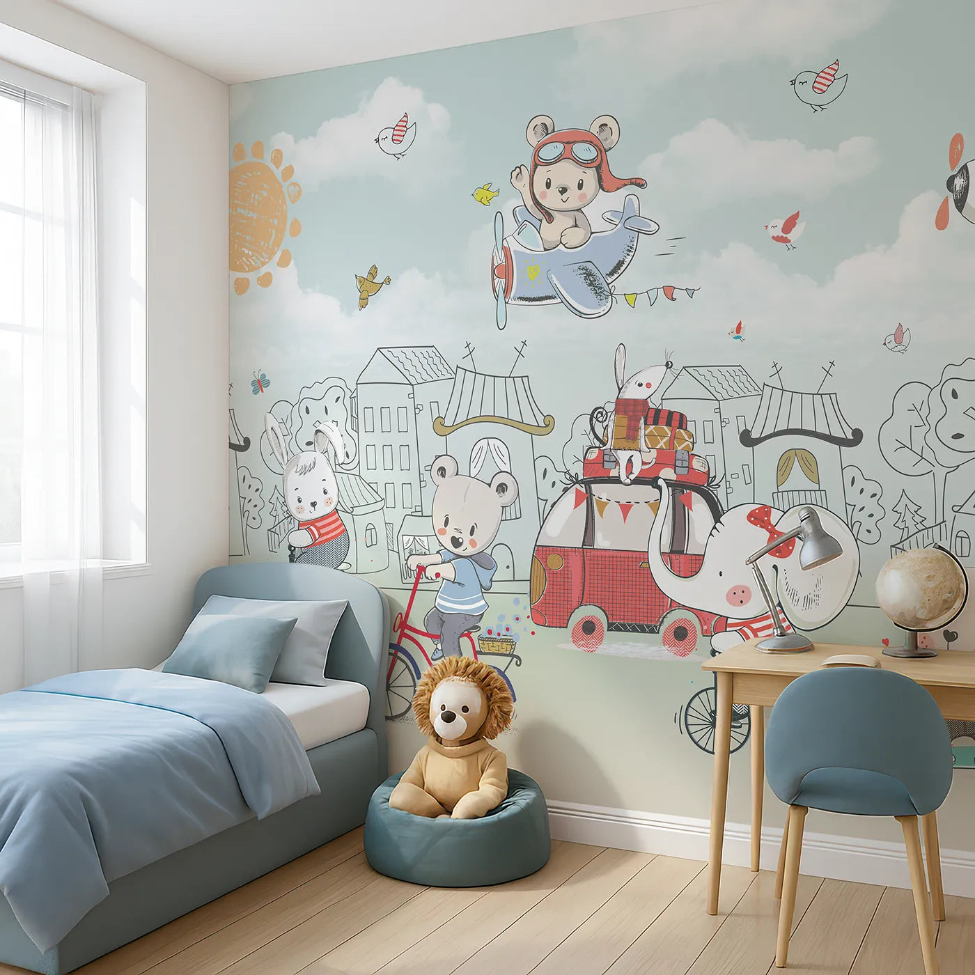 Angled view of Whimsy Tots' Animal Adventure Town Wall Mural (Turn Their Room into the Busiest, Happiest Street in the World).Gender-Neutral