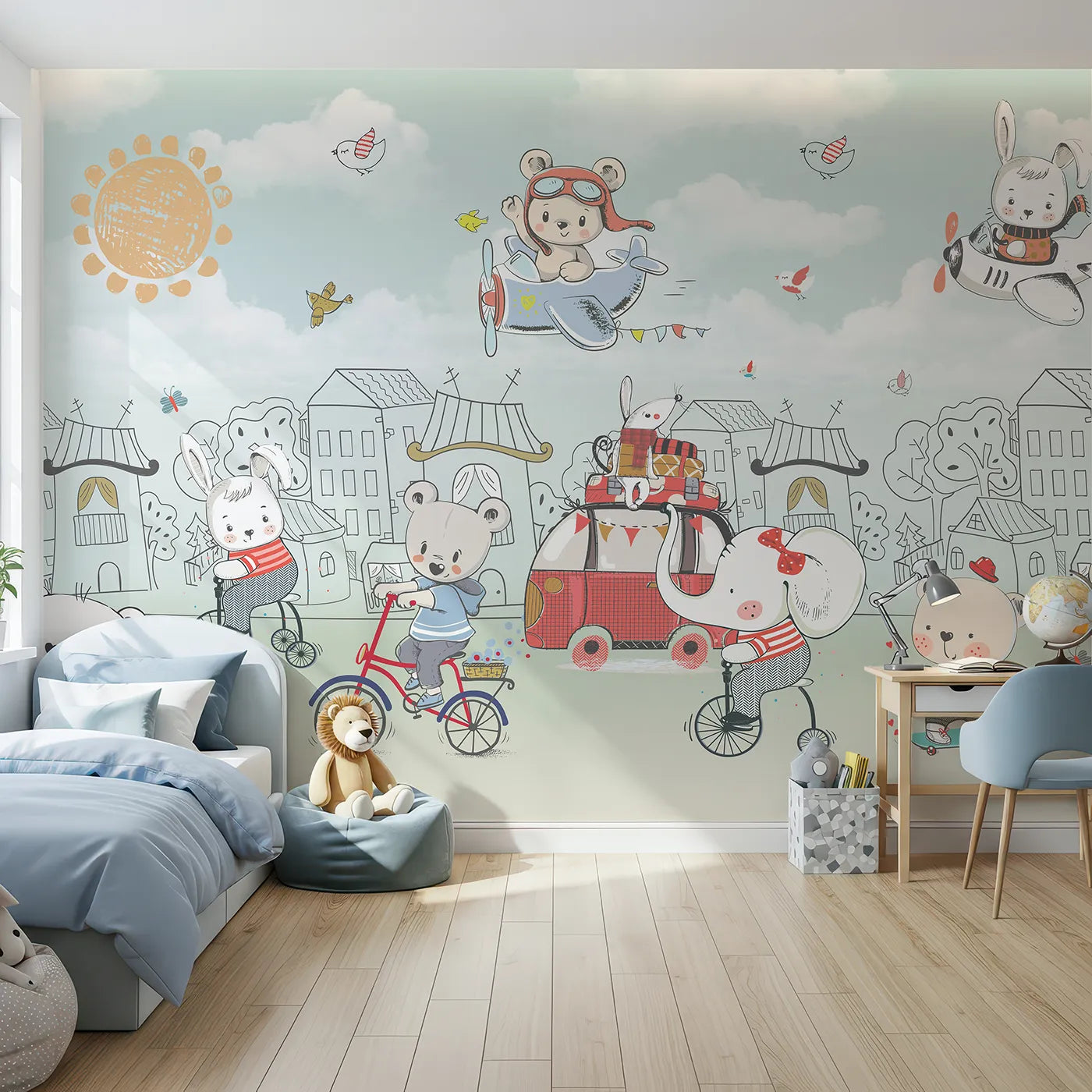 Front view of Whimsy Tots' Animal Adventure Town Wall Mural