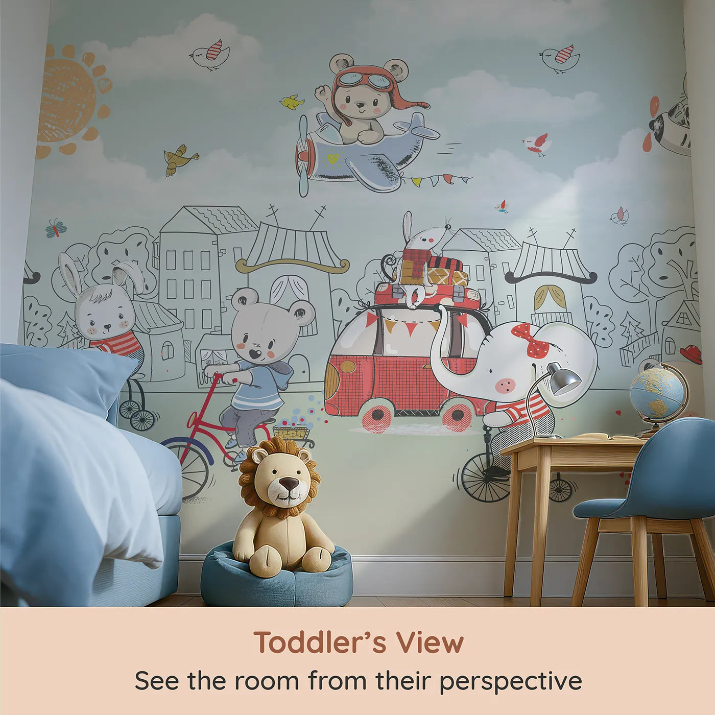 Whimsy Tots Animal Adventure Town Wall Mural (Turn Their Room into the Busiest, Happiest Street in the World) from your child's view.Gender-Neutral