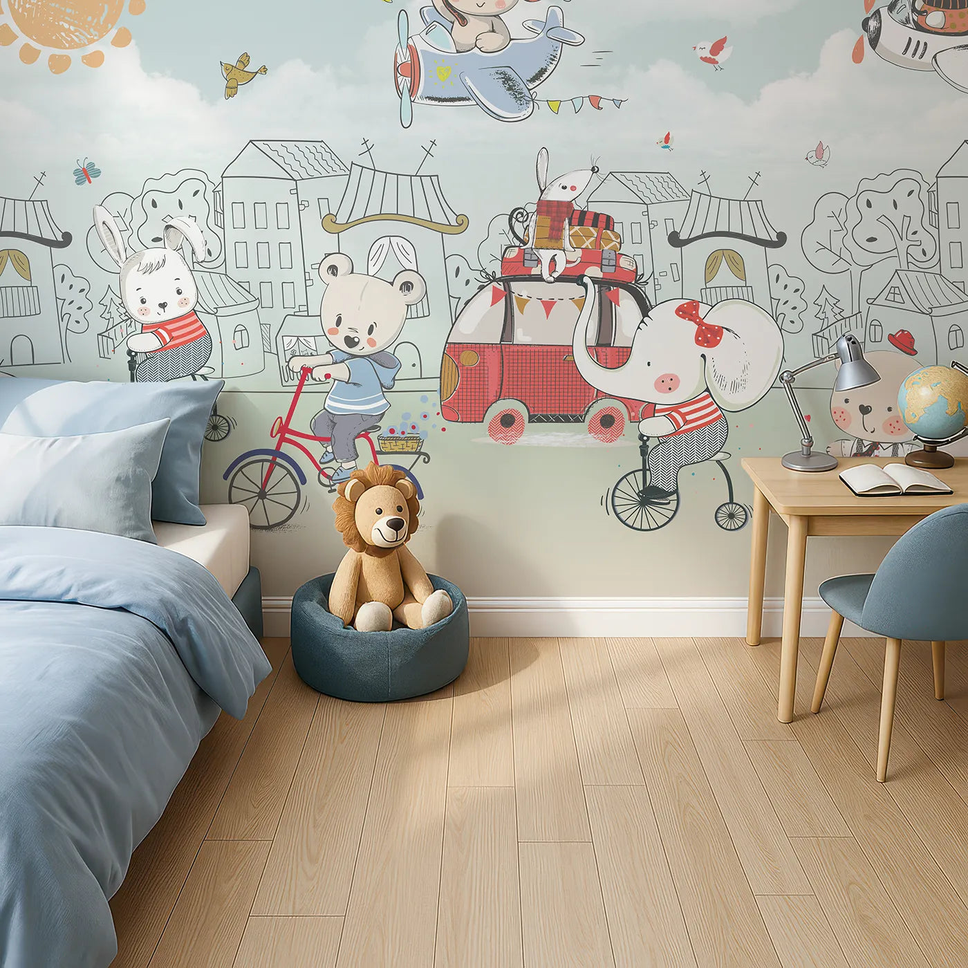 Top-down view of Whimsy Tots' Animal Adventure Town Wall Mural (Turn Their Room into the Busiest, Happiest Street in the World).Gender-Neutral