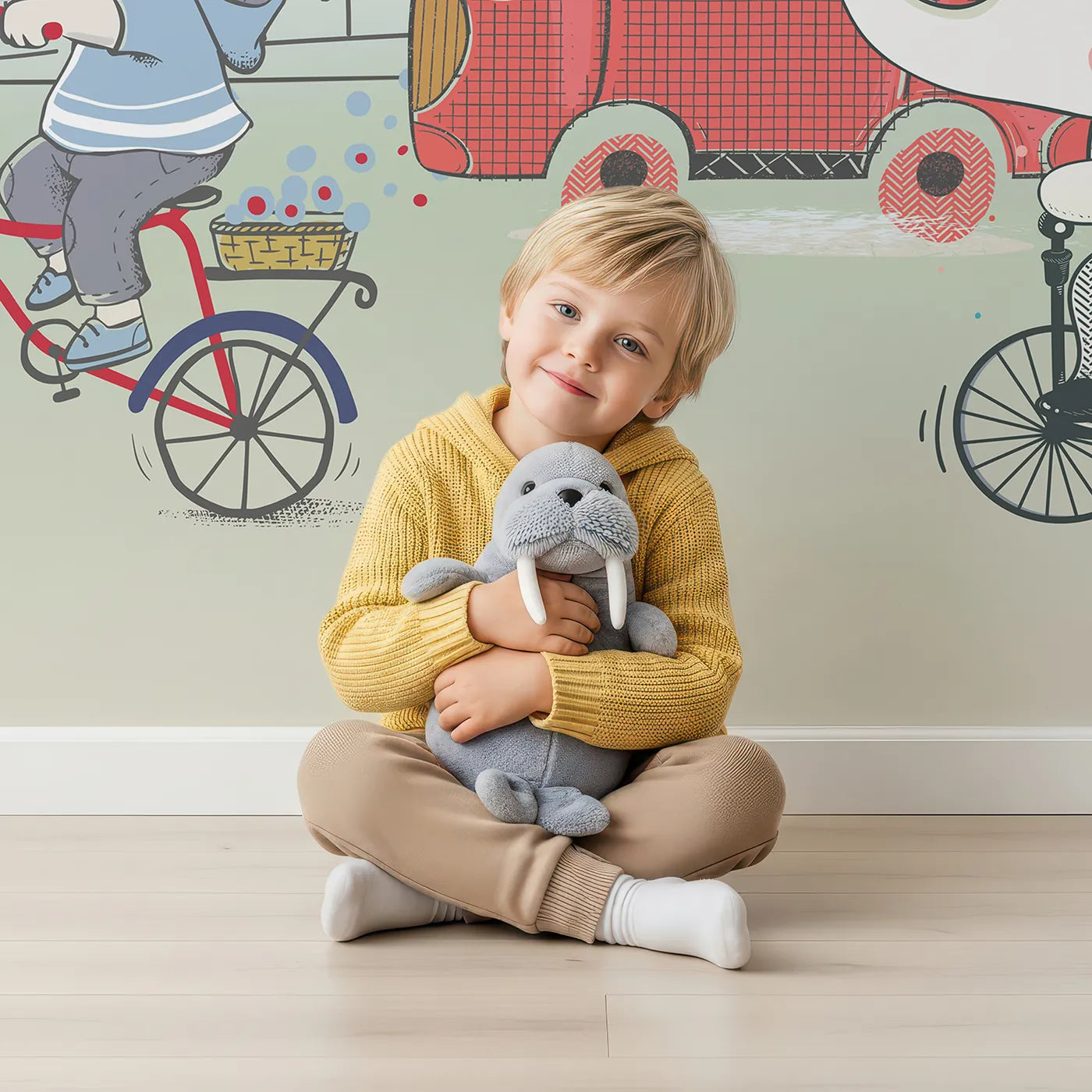 Child in front of Whimsy Tots Animal Adventure Town Wall Mural with animal, cute, town, car, airplane, bear, elephant, doodle in design.
