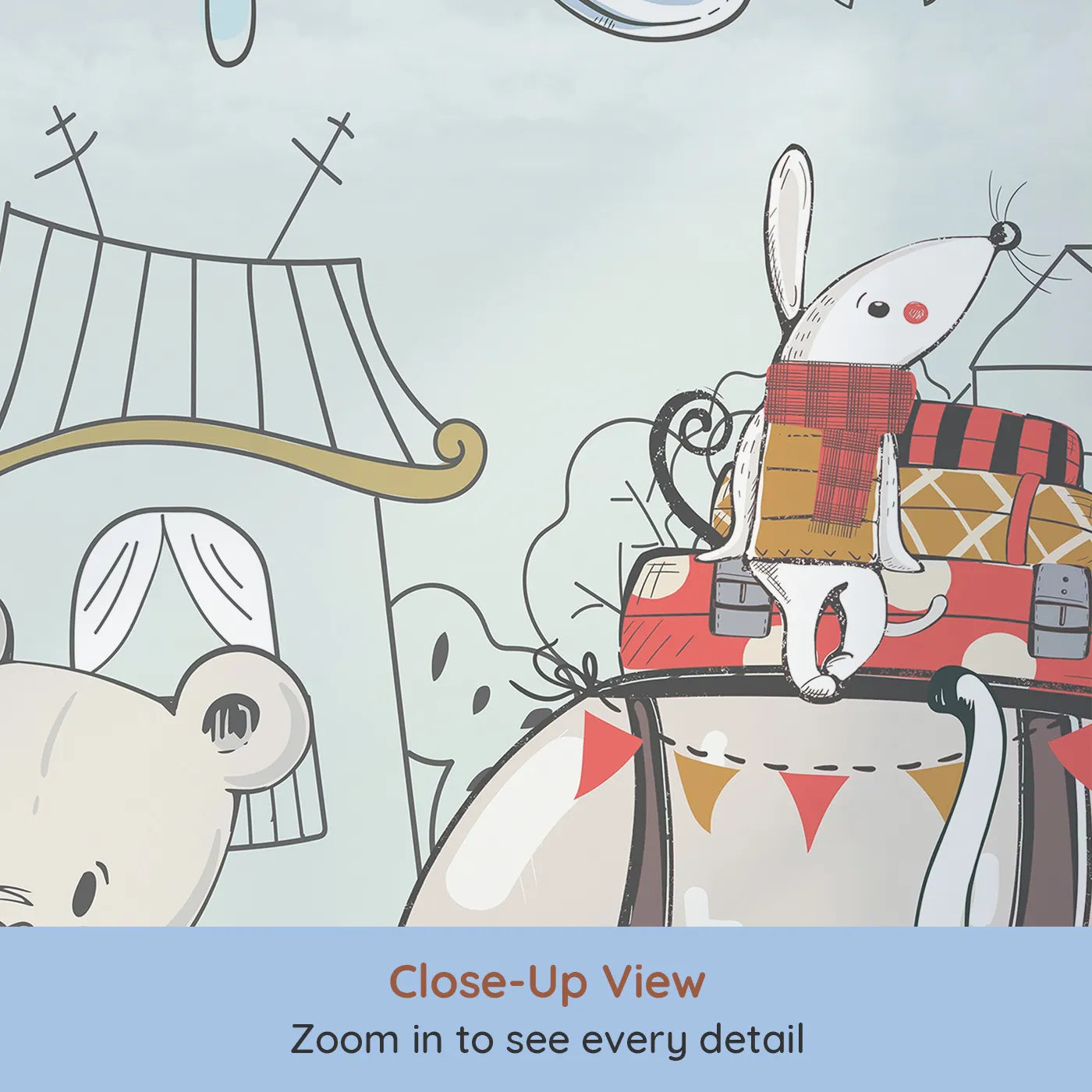 Close-up view of Whimsy Tots' Animal Adventure Town Wall Mural (Turn Their Room into the Busiest, Happiest Street in the World).Gender-Neutral