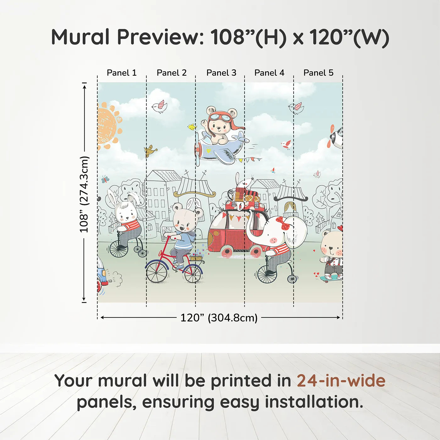 Whimsy Tots Animal Adventure Town Wall Muraldimension view (108" H x 120" W). Printed in five 24-inch-wide panels. Gender-Neutral