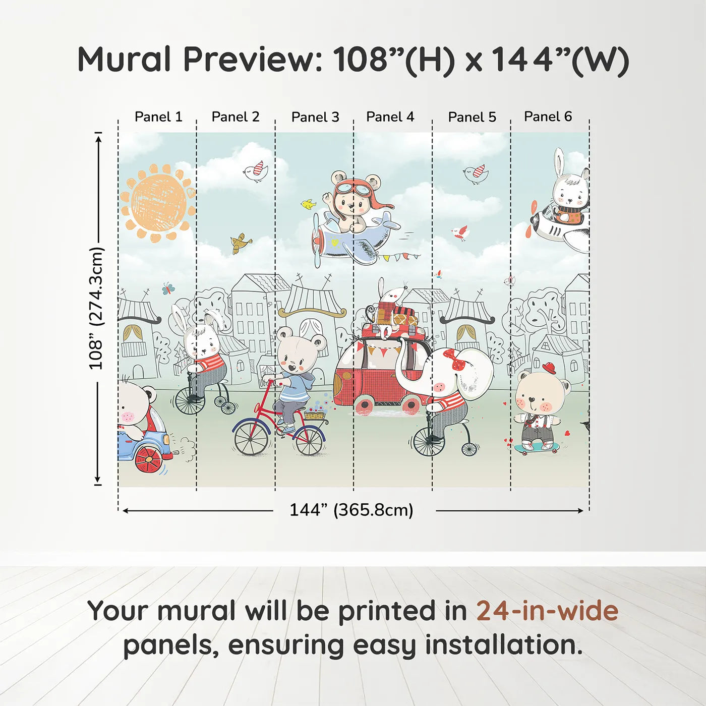Whimsy Tots Animal Adventure Town Wall Muraldimension view (108" H x 144" W). Printed in six 24-inch-wide panels. Gender-Neutral
