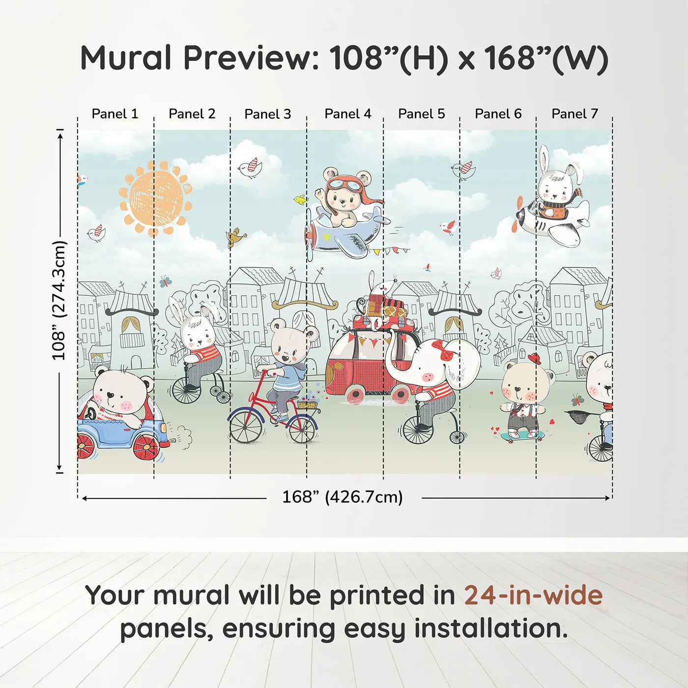 Whimsy Tots Animal Adventure Town Wall Muraldimension view (108" H x 168" W). Printed in seven 24-inch-wide panels. Gender-Neutral
