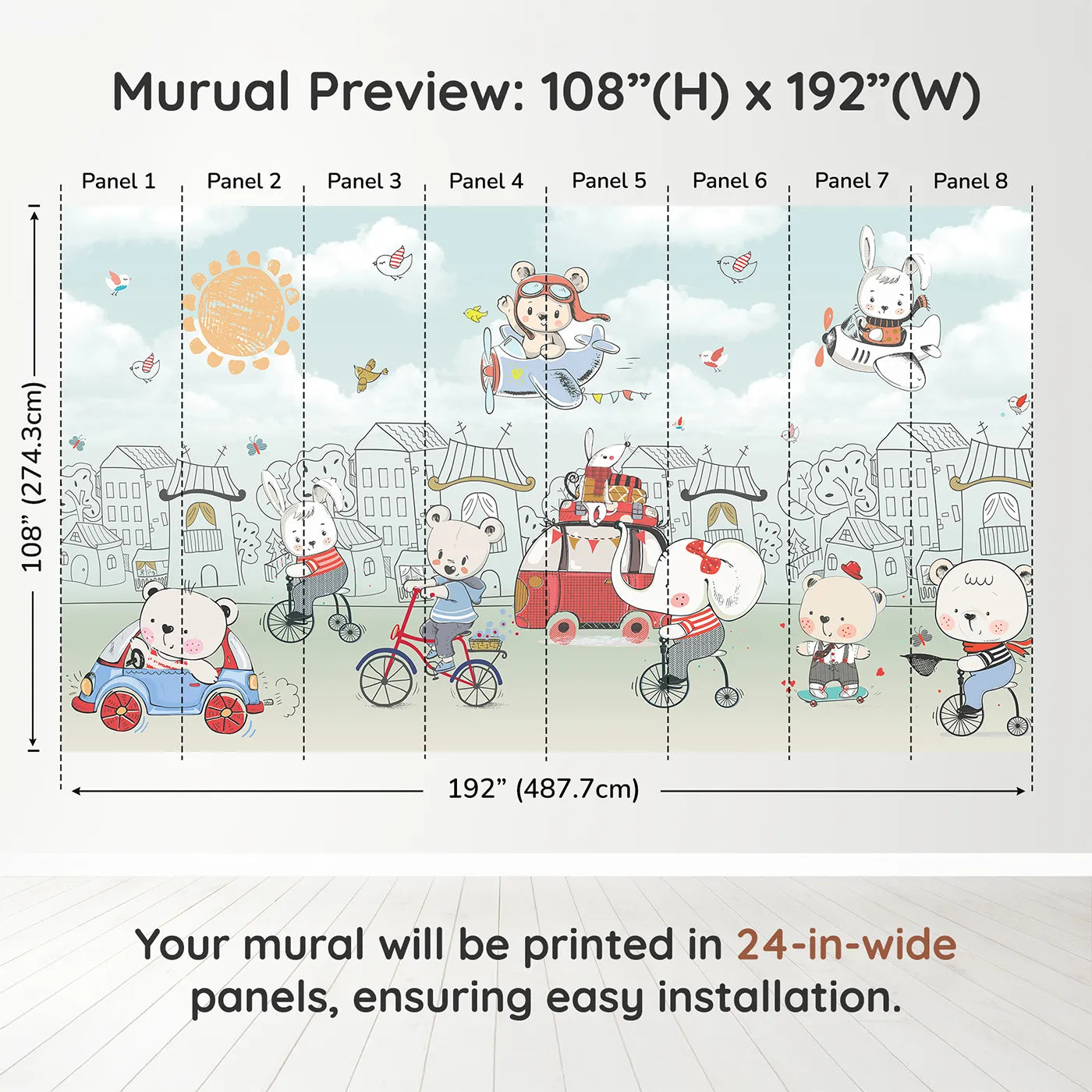 Whimsy Tots Animal Adventure Town Wall Muraldimension view (108" H x 192" W). Printed in eight 24-inch-wide panels. Gender-Neutral