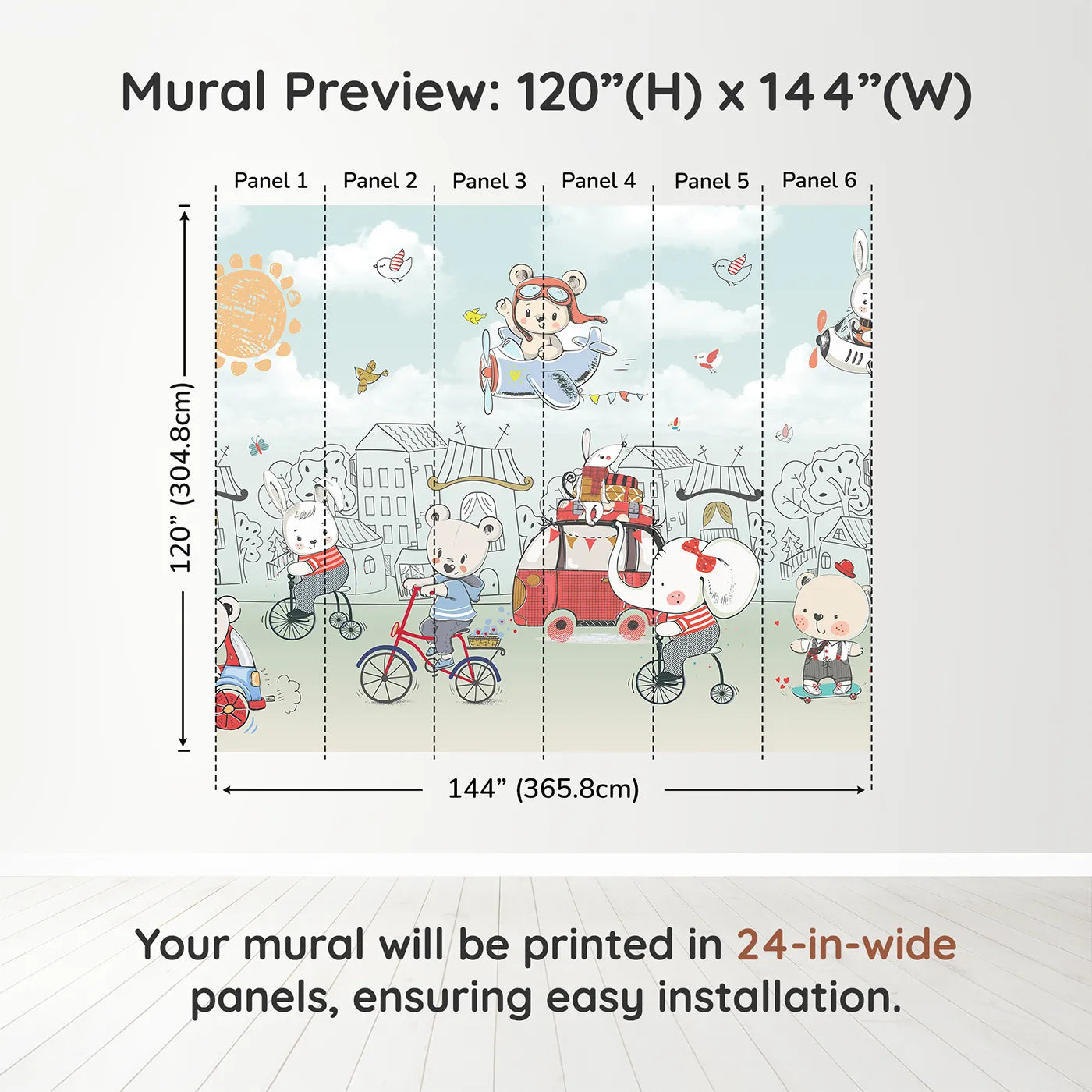 Whimsy Tots Animal Adventure Town Wall Muraldimension view (120" H x 144" W). Printed in six 24-inch-wide panels. Gender-Neutral