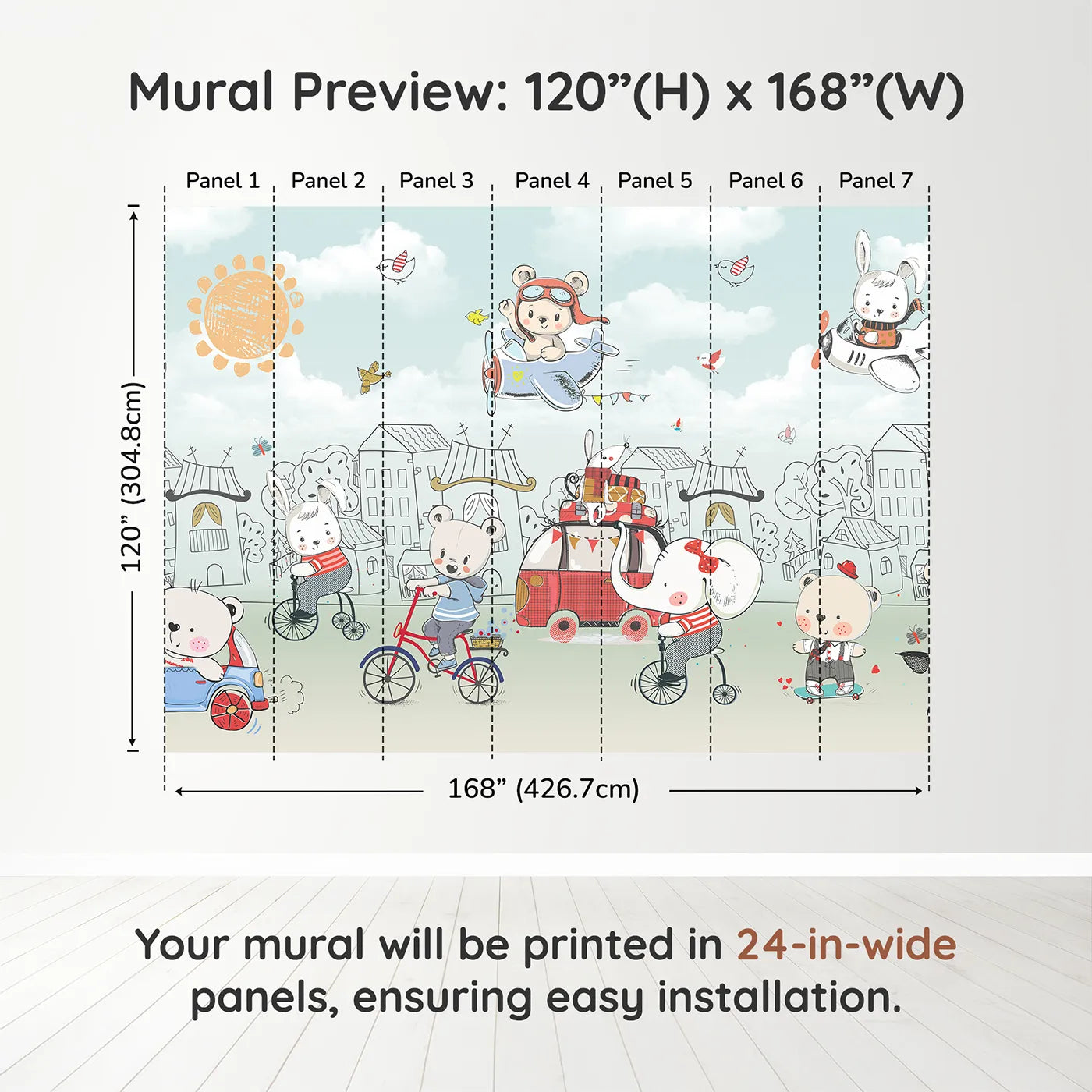Whimsy Tots Animal Adventure Town Wall Muraldimension view (120" H x 168" W). Printed in seven 24-inch-wide panels. Gender-Neutral