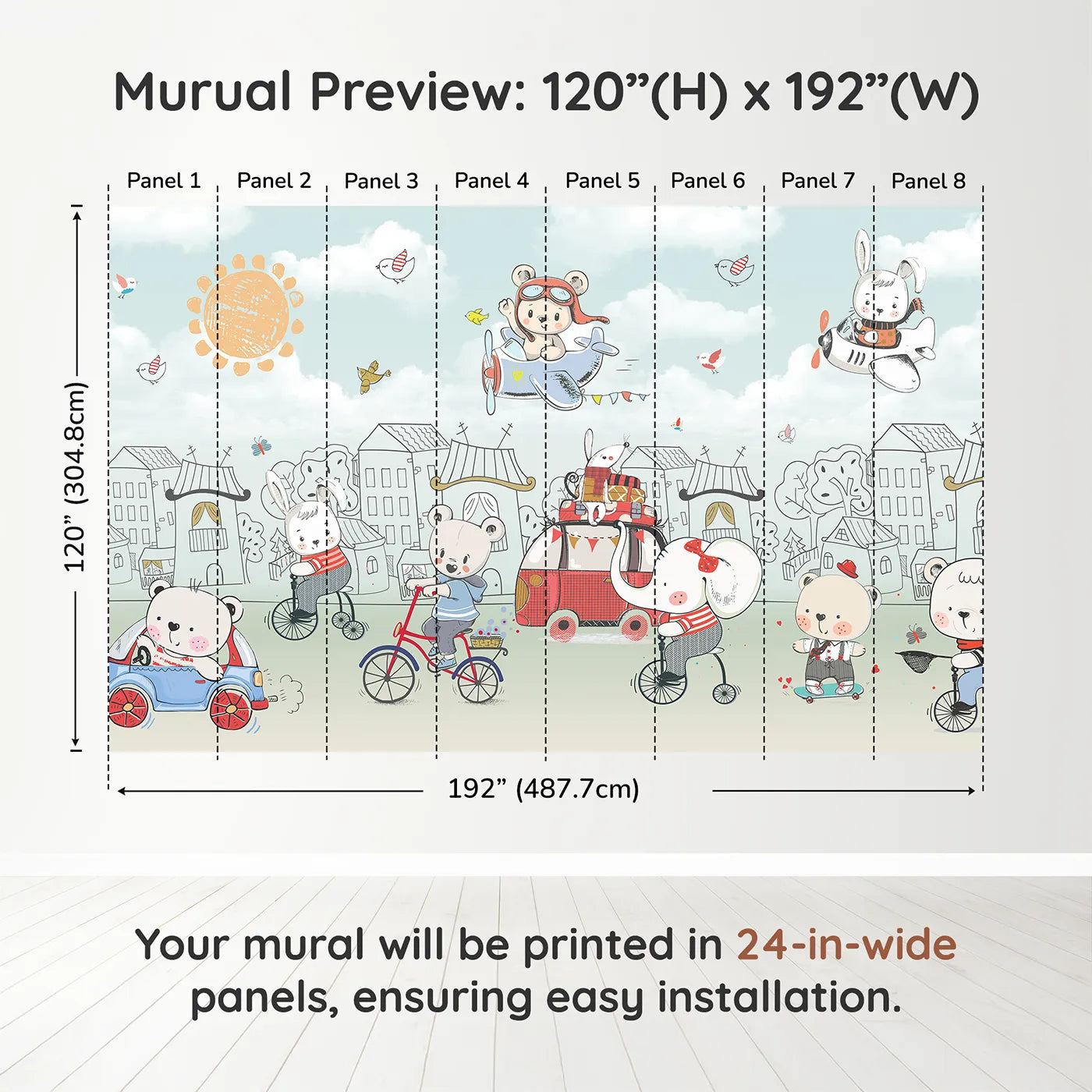 Whimsy Tots Animal Adventure Town Wall Muraldimension view (120" H x 192" W). Printed in eight 24-inch-wide panels. Gender-Neutral