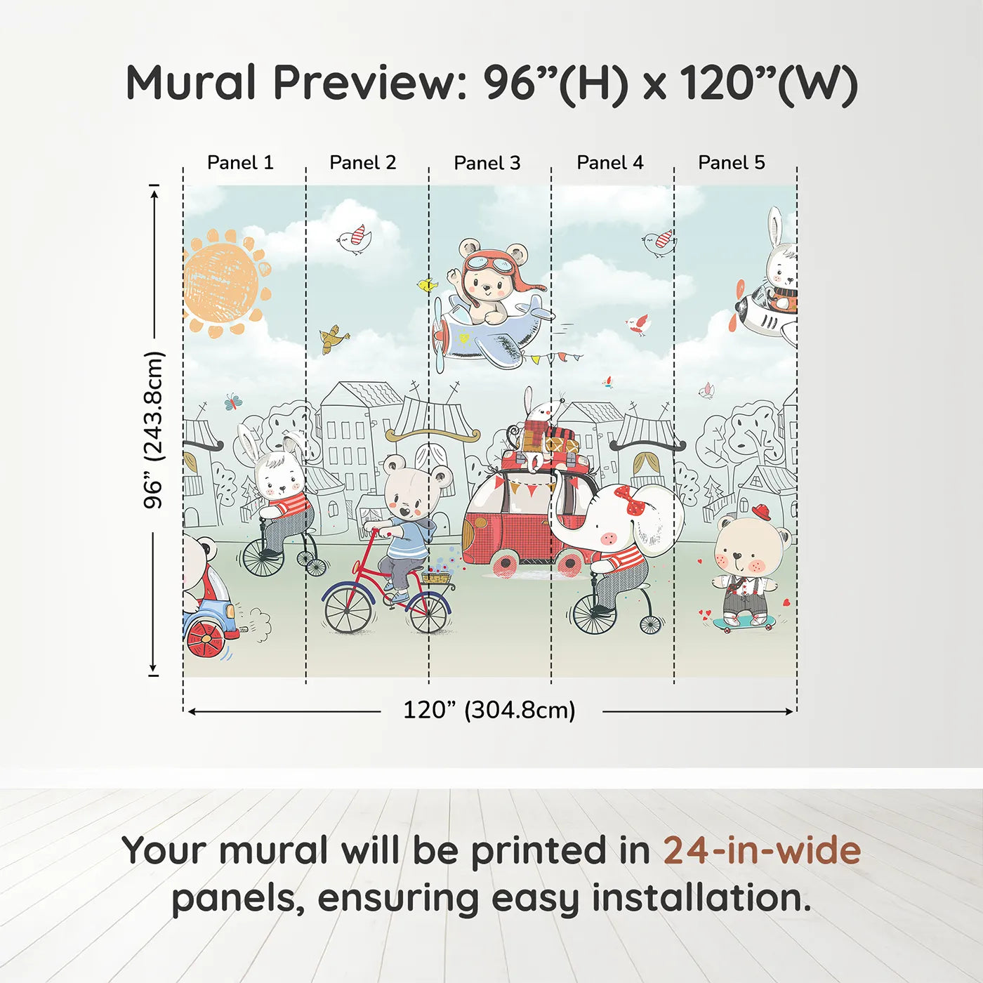 Whimsy Tots Animal Adventure Town Wall Muraldimension view (96" H x 120" W). Printed in five 24-inch-wide panels. Gender-Neutral