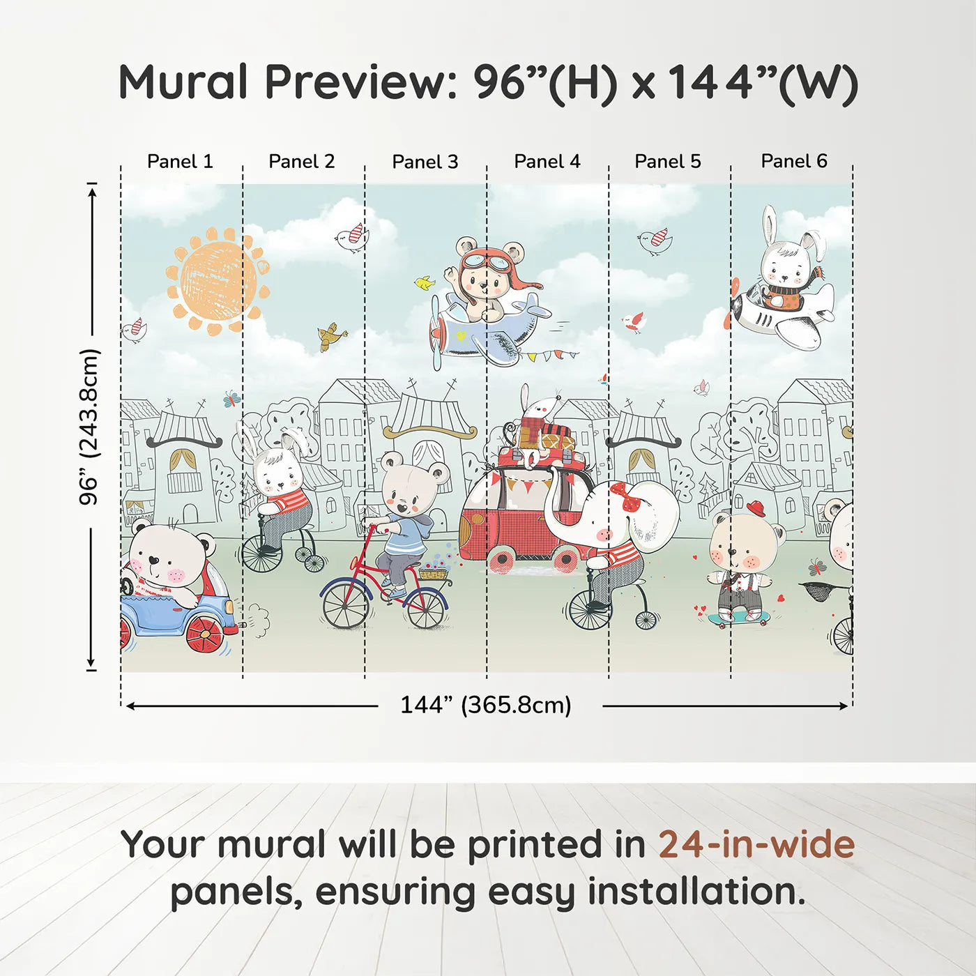 Whimsy Tots Animal Adventure Town Wall Muraldimension view (96" H x 144" W). Printed in six 24-inch-wide panels. Gender-Neutral