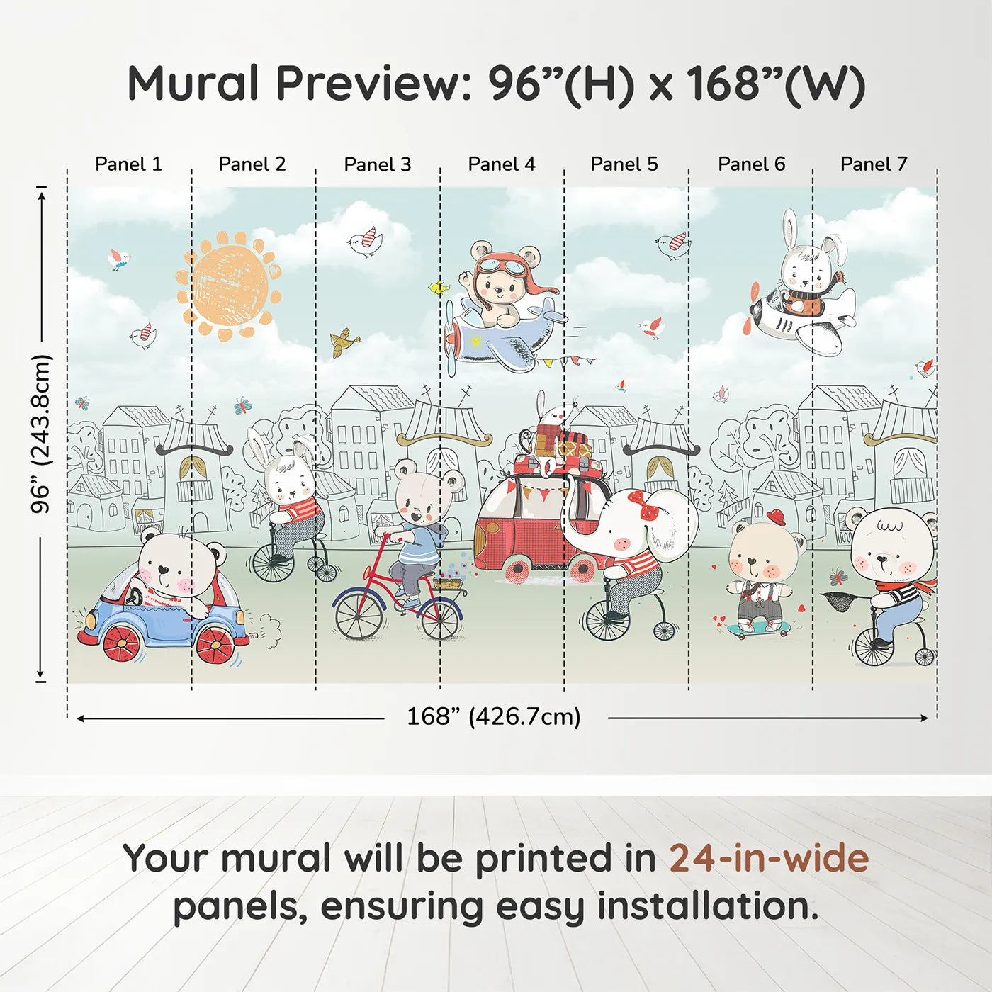 Whimsy Tots Animal Adventure Town Wall Muraldimension view (96" H x 168" W). Printed in seven 24-inch-wide panels. Gender-Neutral