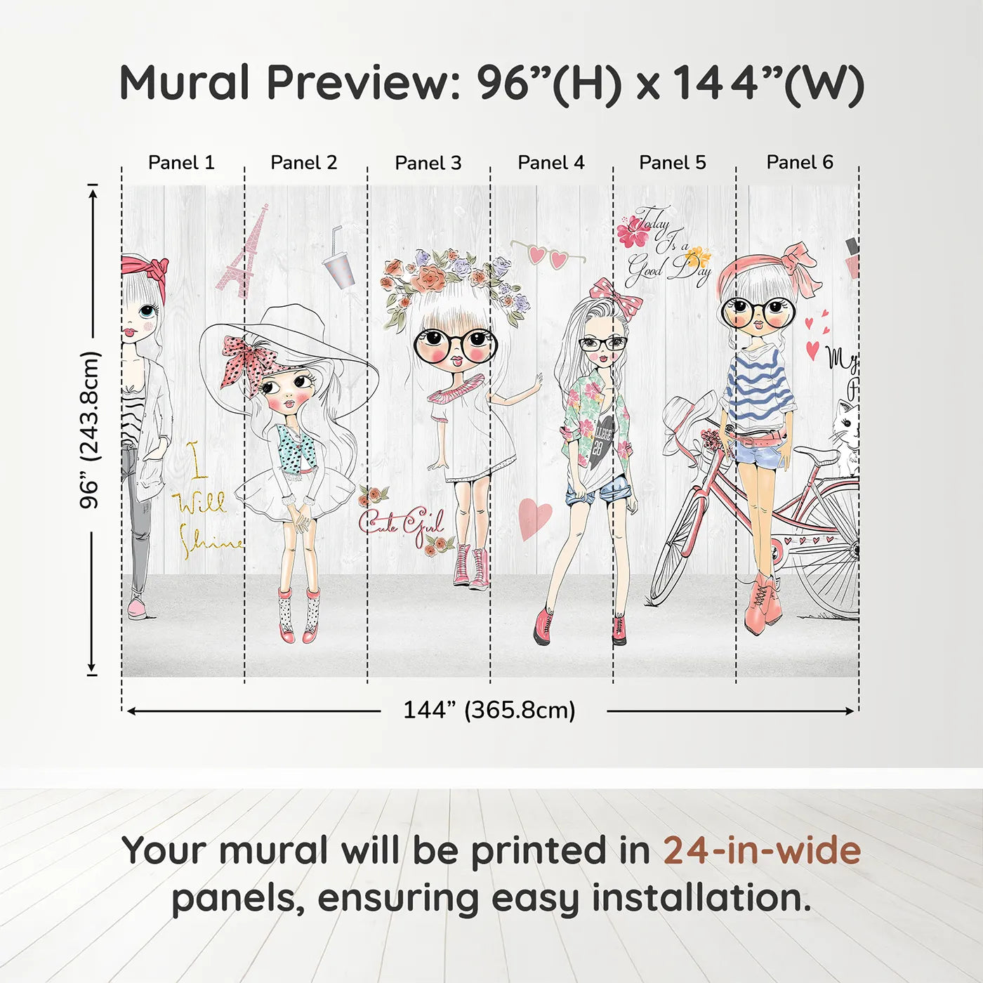 Whimsy Tots Fashion Girls Wall Muraldimension view (96" H x 144" W). Printed in six 24-inch-wide panels. Best for Girls