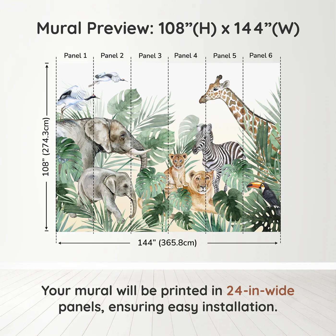 Whimsy Tots Watercolor Safari Gathering Wall Muraldimension view (108" H x 144" W). Printed in six 24-inch-wide panels. Gender-Neutral