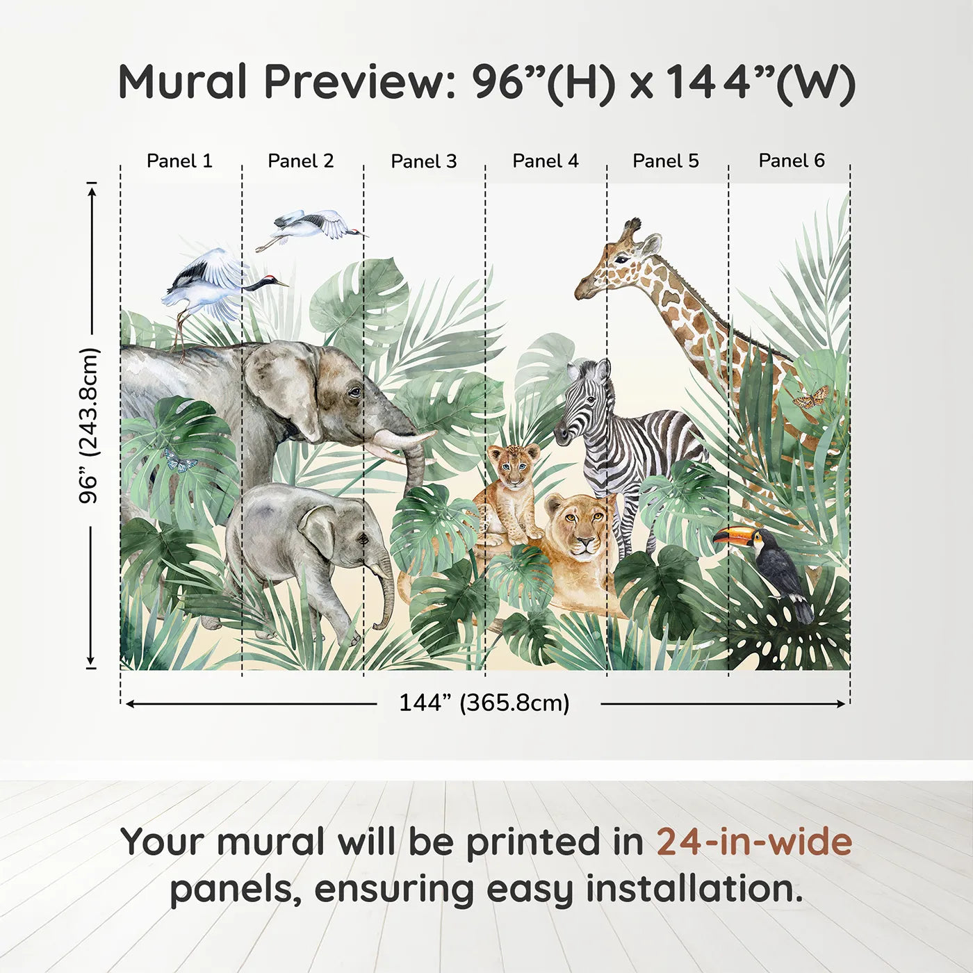 Whimsy Tots Watercolor Safari Gathering Wall Muraldimension view (96" H x 144" W). Printed in six 24-inch-wide panels. Gender-Neutral