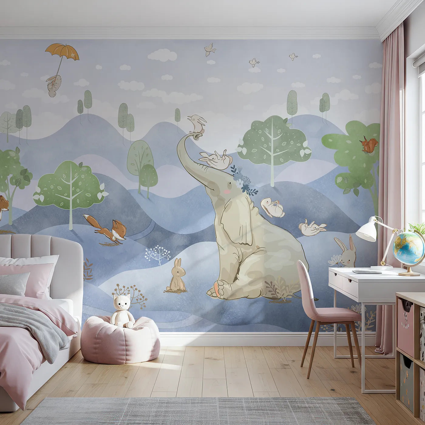 Front view of Whimsy Tots' Elephant and Friends Wall Mural