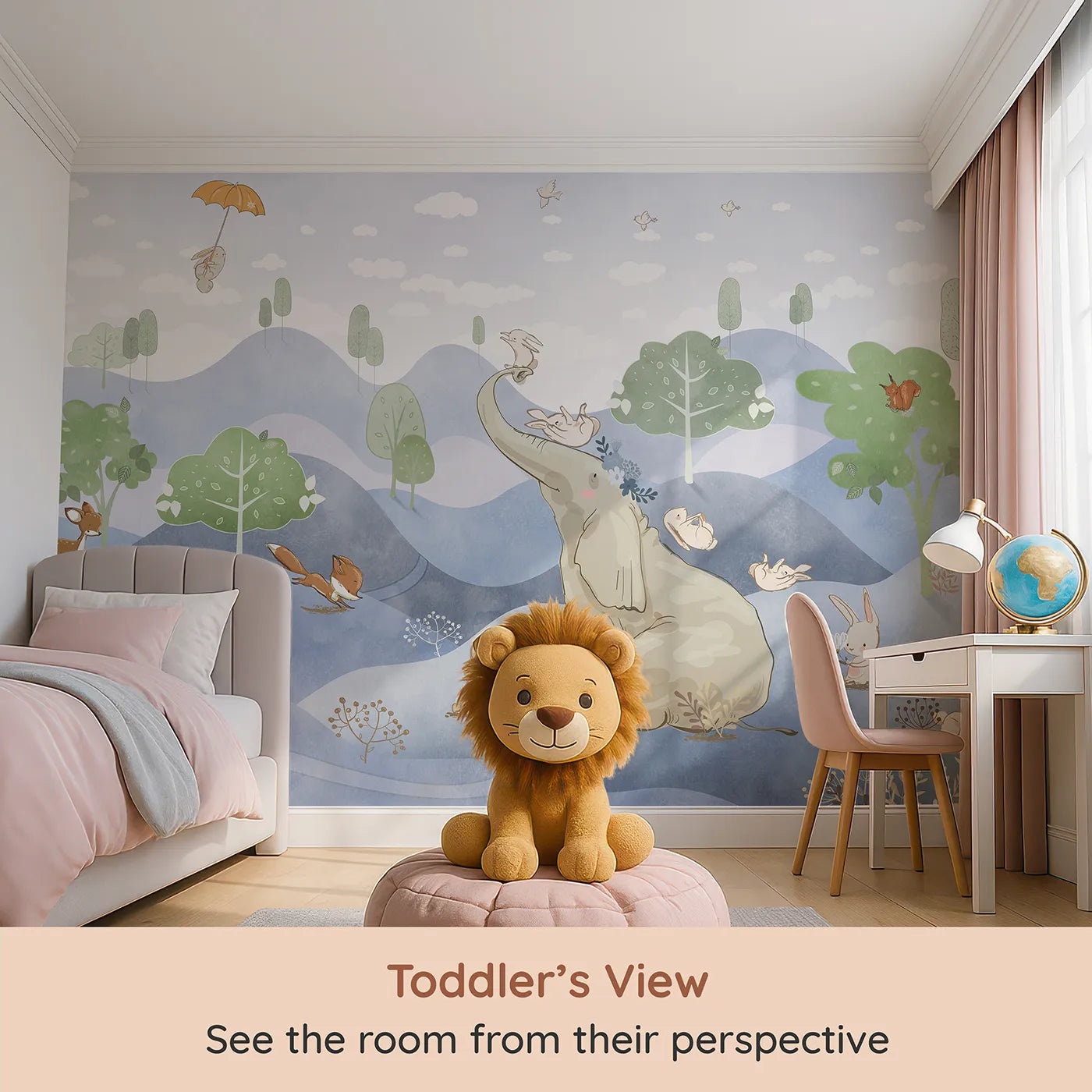Whimsy Tots Elephant and Friends Wall Mural (Turn Their Room into a Whimsical Woodland Playground) from your child's view.Gender-Neutral