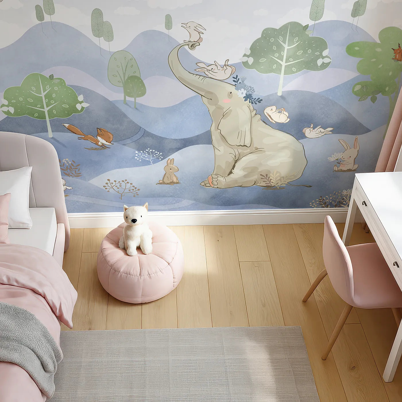 Top-down view of Whimsy Tots' Elephant and Friends Wall Mural (Turn Their Room into a Whimsical Woodland Playground).Gender-Neutral