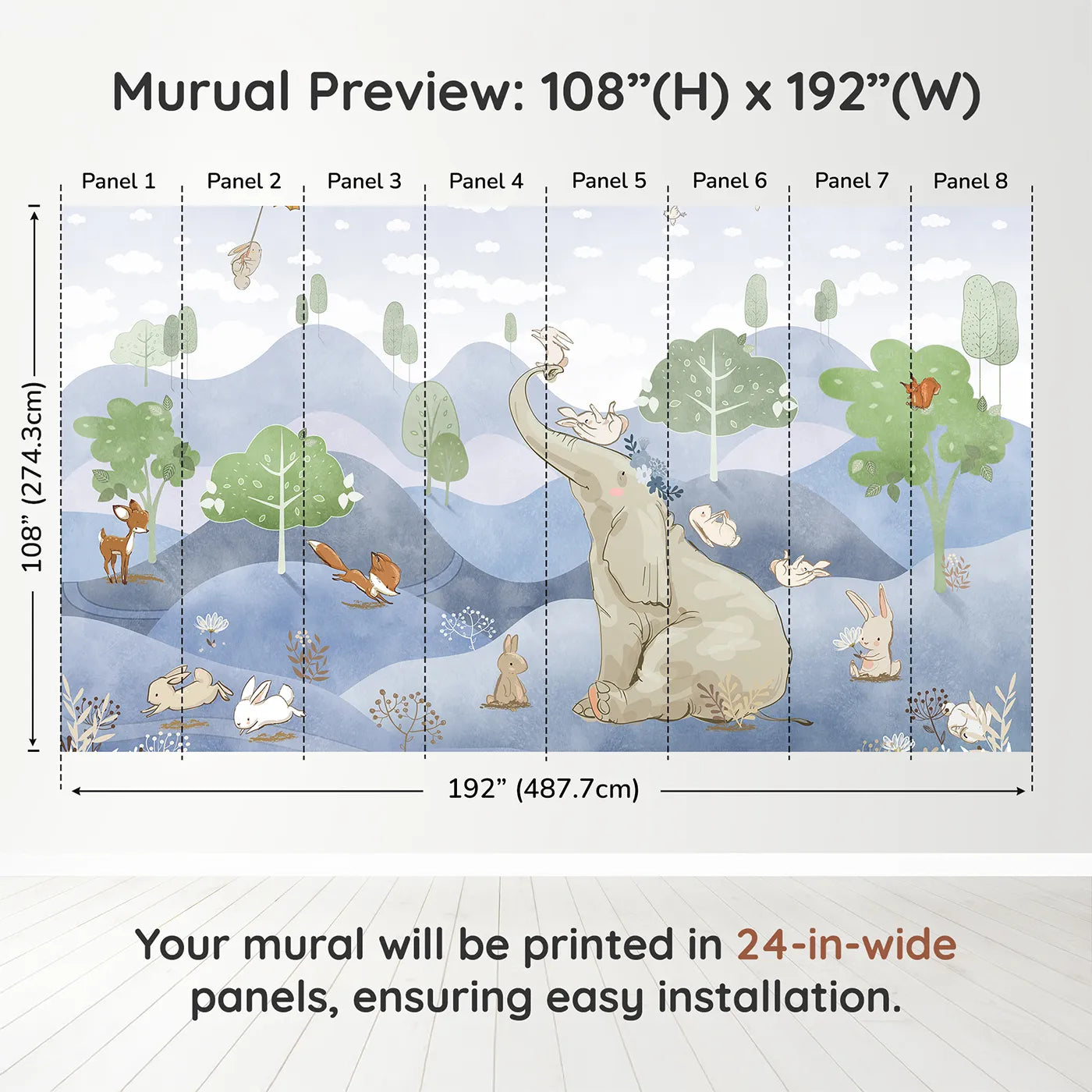 Whimsy Tots Elephant and Friends Wall Muraldimension view (108" H x 192" W). Printed in eight 24-inch-wide panels. Gender-Neutral