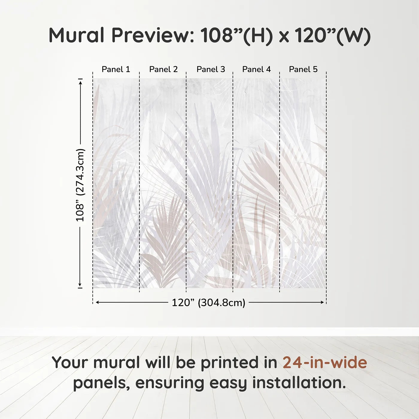 Whimsy Tots Pastel Palm Leaves Wall Muraldimension view (108" H x 120" W). Printed in five 24-inch-wide panels. Gender-Neutral