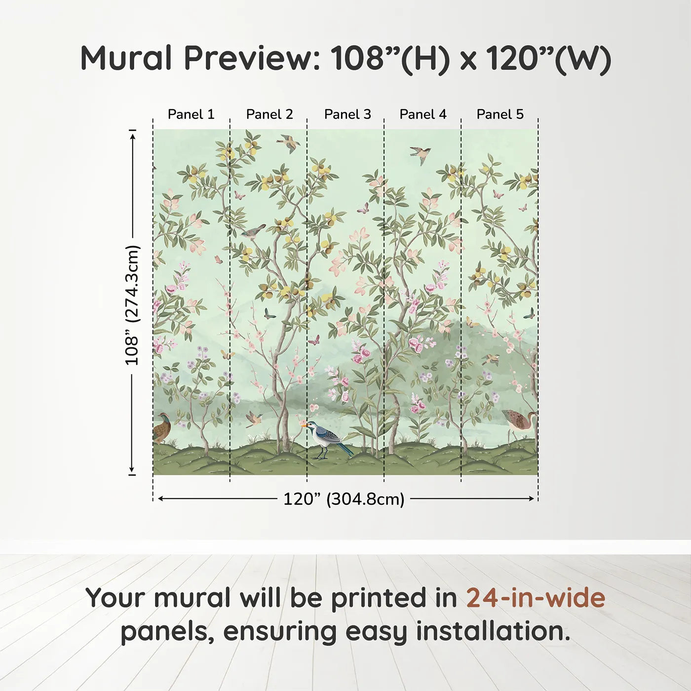 Whimsy Tots Chinoiserie Garden Panorama Wall Muraldimension view (108" H x 120" W). Printed in five 24-inch-wide panels. Gender-Neutral