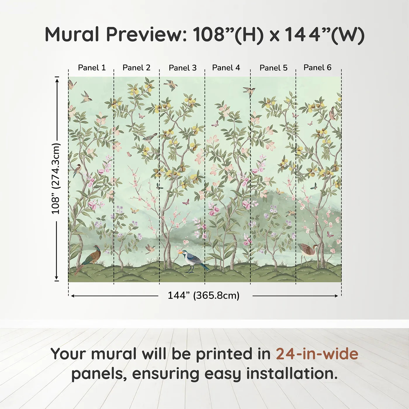 Whimsy Tots Chinoiserie Garden Panorama Wall Muraldimension view (108" H x 144" W). Printed in six 24-inch-wide panels. Gender-Neutral