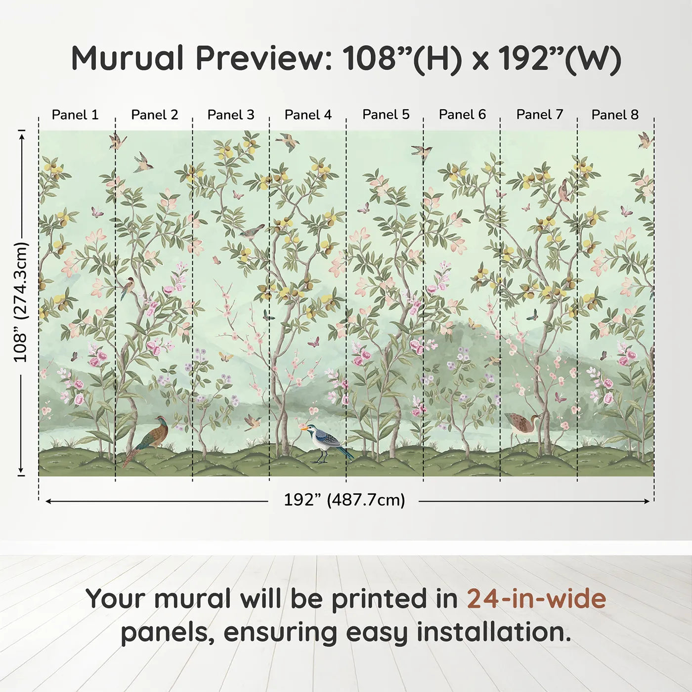 Whimsy Tots Chinoiserie Garden Panorama Wall Muraldimension view (108" H x 192" W). Printed in eight 24-inch-wide panels. Gender-Neutral