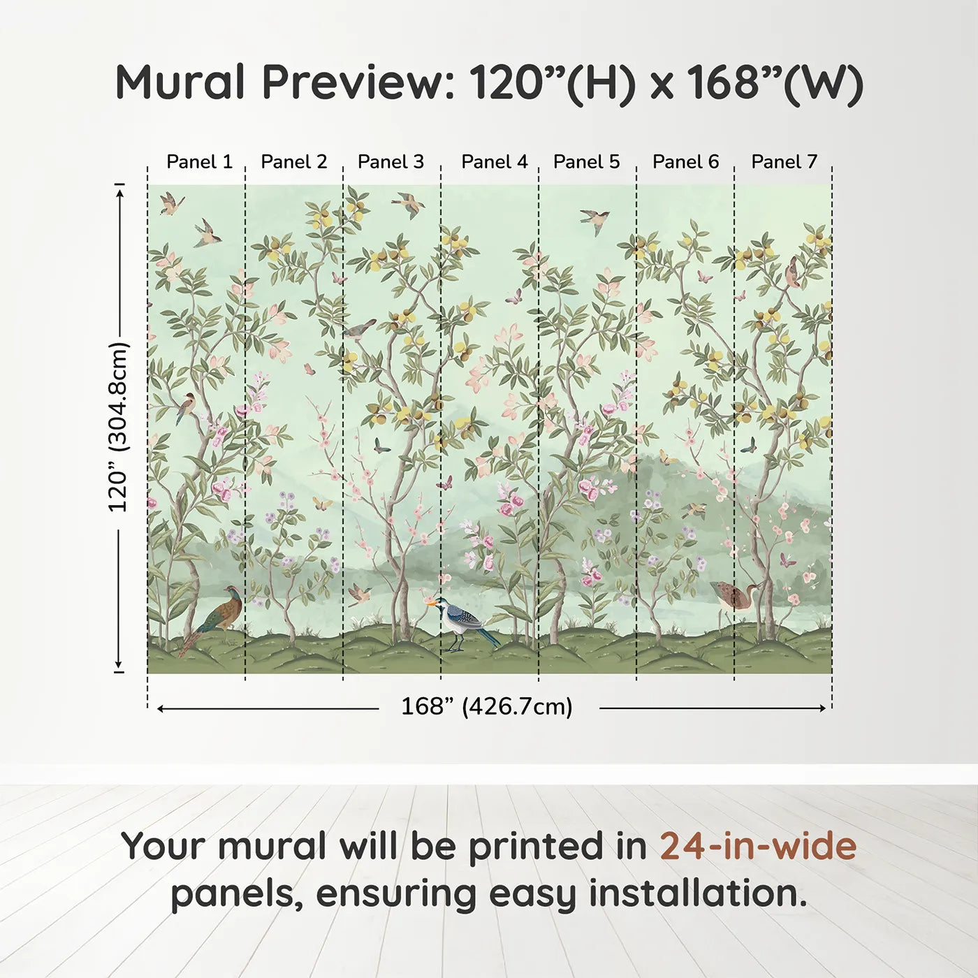 Whimsy Tots Chinoiserie Garden Panorama Wall Muraldimension view (120" H x 168" W). Printed in seven 24-inch-wide panels. Gender-Neutral