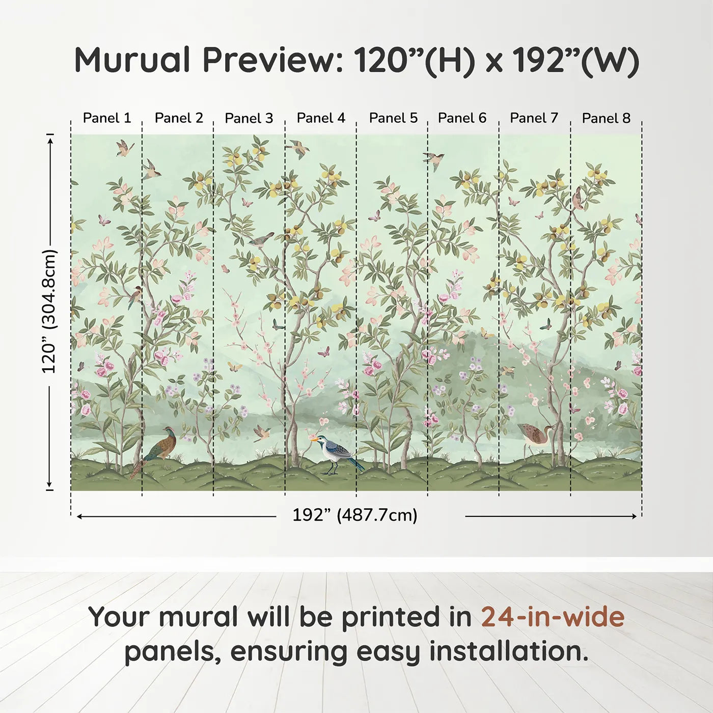 Whimsy Tots Chinoiserie Garden Panorama Wall Muraldimension view (120" H x 192" W). Printed in eight 24-inch-wide panels. Gender-Neutral