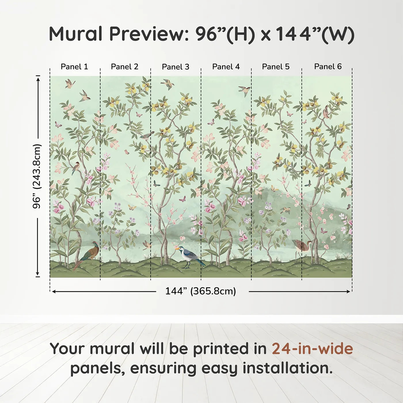 Whimsy Tots Chinoiserie Garden Panorama Wall Muraldimension view (96" H x 144" W). Printed in six 24-inch-wide panels. Gender-Neutral