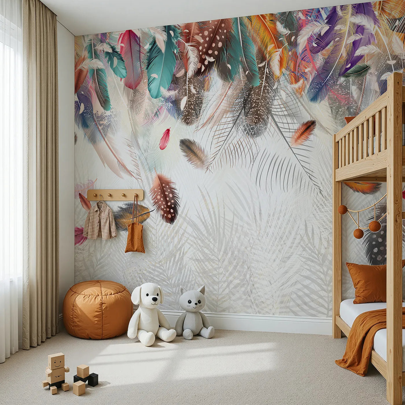 Angled view of Whimsy Tots' Falling Feathers Wall Mural (Turn Their Room into a Soft and Gentle Dreamscape).Gender-Neutral