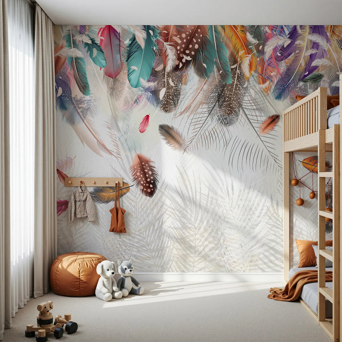 Front view of Whimsy Tots' Falling Feathers Wall Mural