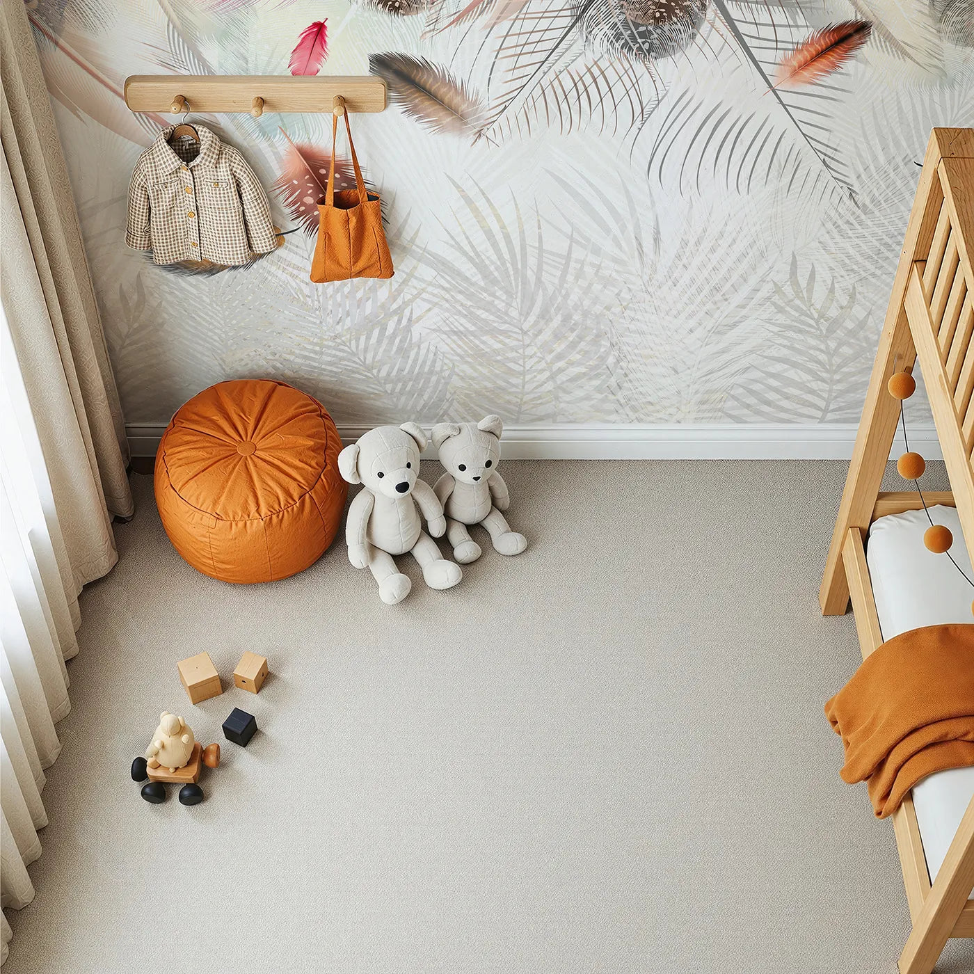 Top-down view of Whimsy Tots' Falling Feathers Wall Mural (Turn Their Room into a Soft and Gentle Dreamscape).Gender-Neutral