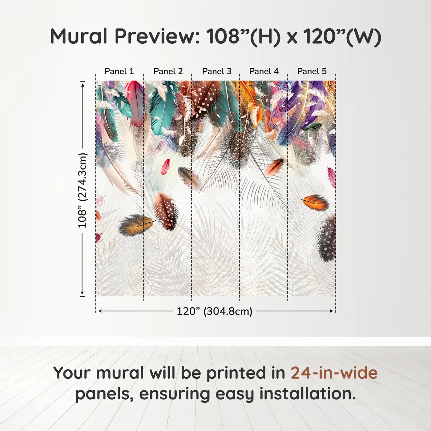 Whimsy Tots Falling Feathers Wall Muraldimension view (108" H x 120" W). Printed in five 24-inch-wide panels. Gender-Neutral