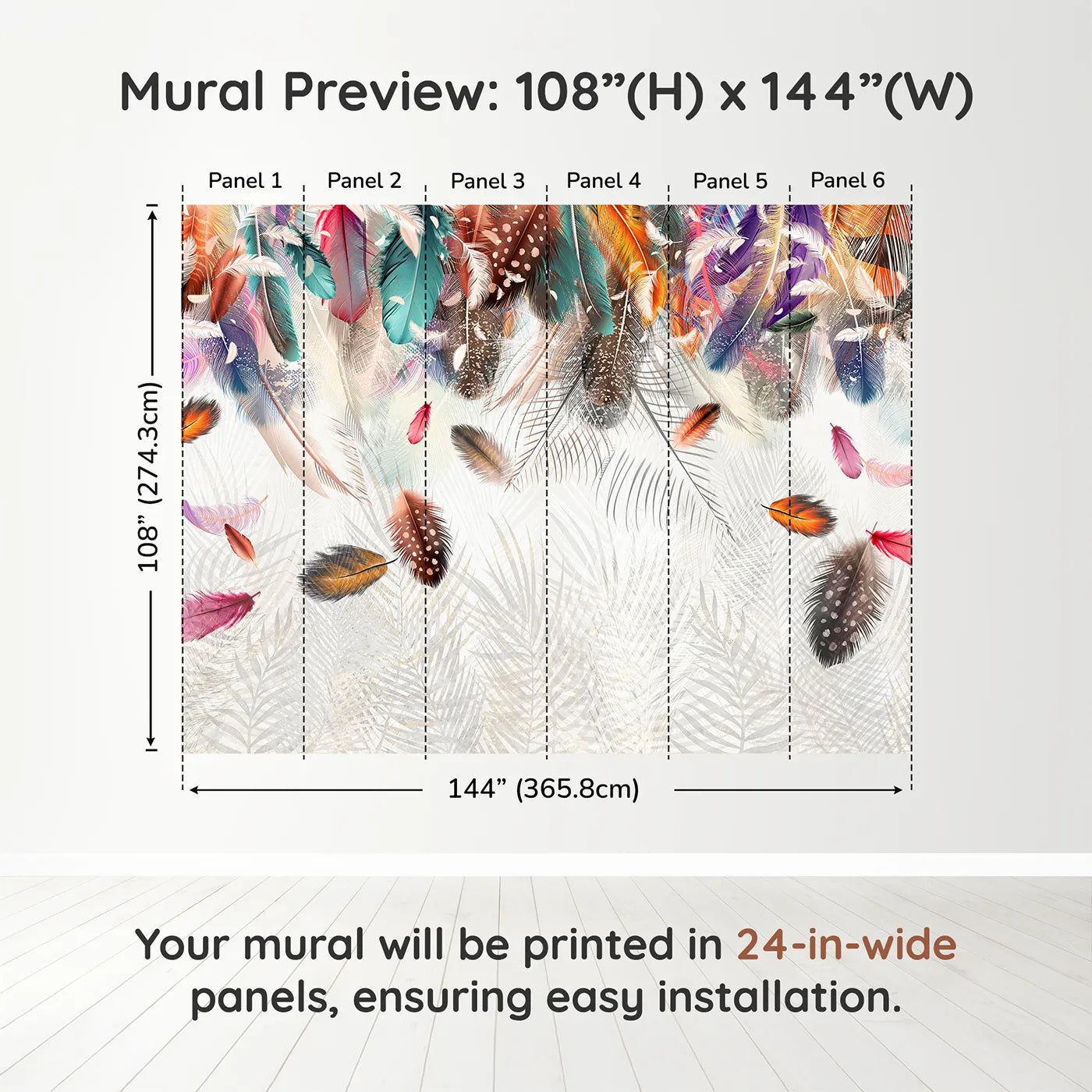 Whimsy Tots Falling Feathers Wall Muraldimension view (108" H x 144" W). Printed in six 24-inch-wide panels. Gender-Neutral