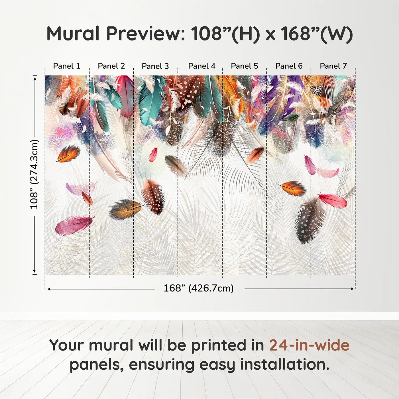 Whimsy Tots Falling Feathers Wall Muraldimension view (108" H x 168" W). Printed in seven 24-inch-wide panels. Gender-Neutral