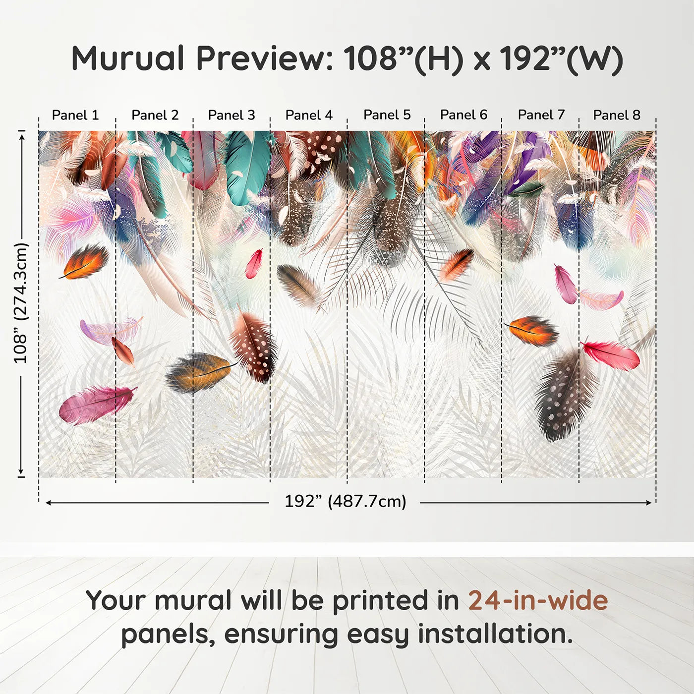 Whimsy Tots Falling Feathers Wall Muraldimension view (108" H x 192" W). Printed in eight 24-inch-wide panels. Gender-Neutral