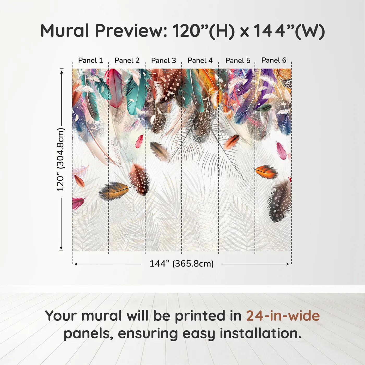 Whimsy Tots Falling Feathers Wall Muraldimension view (120" H x 144" W). Printed in six 24-inch-wide panels. Gender-Neutral