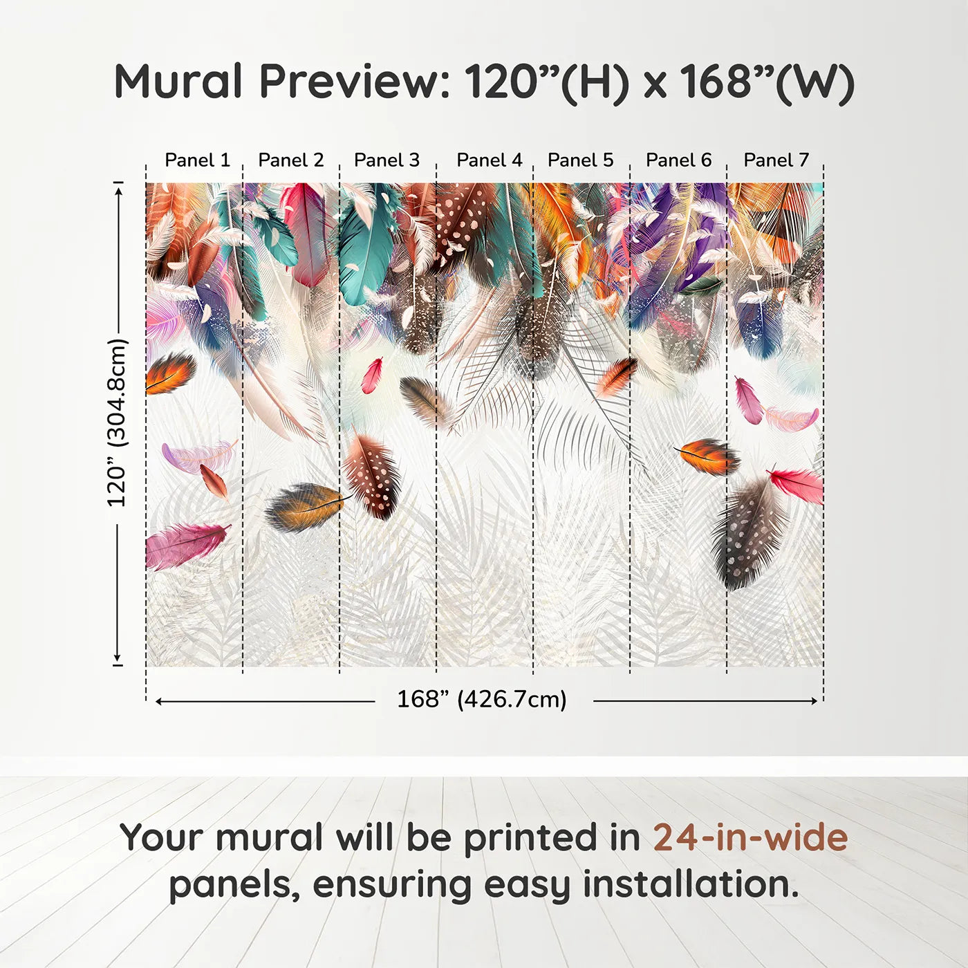 Whimsy Tots Falling Feathers Wall Muraldimension view (120" H x 168" W). Printed in seven 24-inch-wide panels. Gender-Neutral