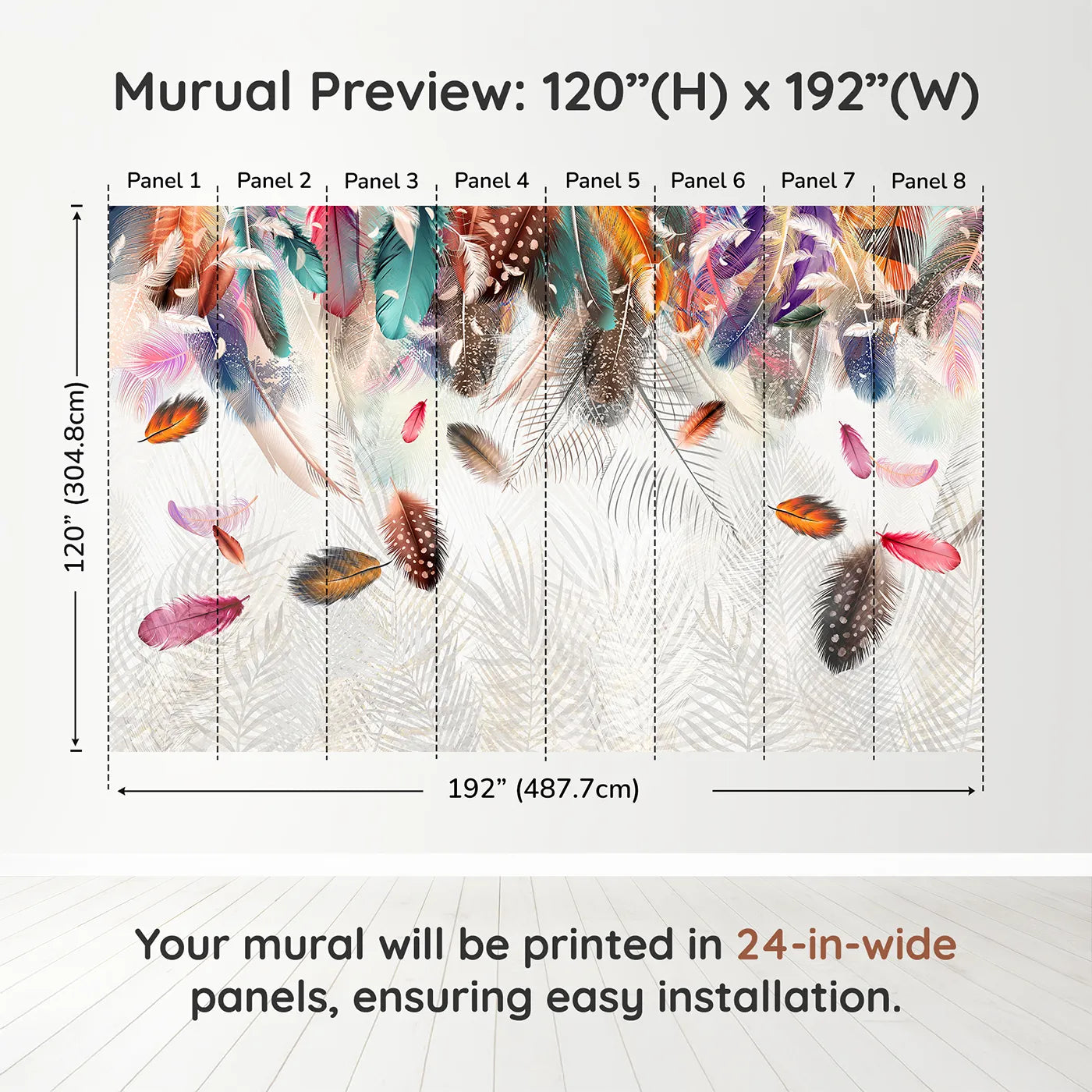 Whimsy Tots Falling Feathers Wall Muraldimension view (120" H x 192" W). Printed in eight 24-inch-wide panels. Gender-Neutral