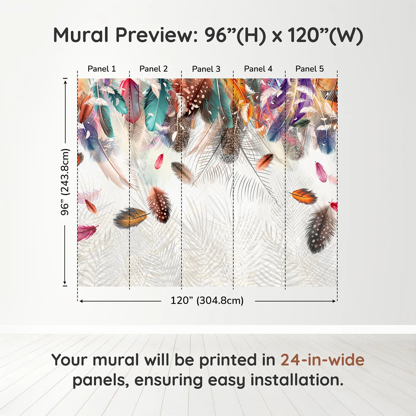 Whimsy Tots Falling Feathers Wall Muraldimension view (96" H x 120" W). Printed in five 24-inch-wide panels. Gender-Neutral