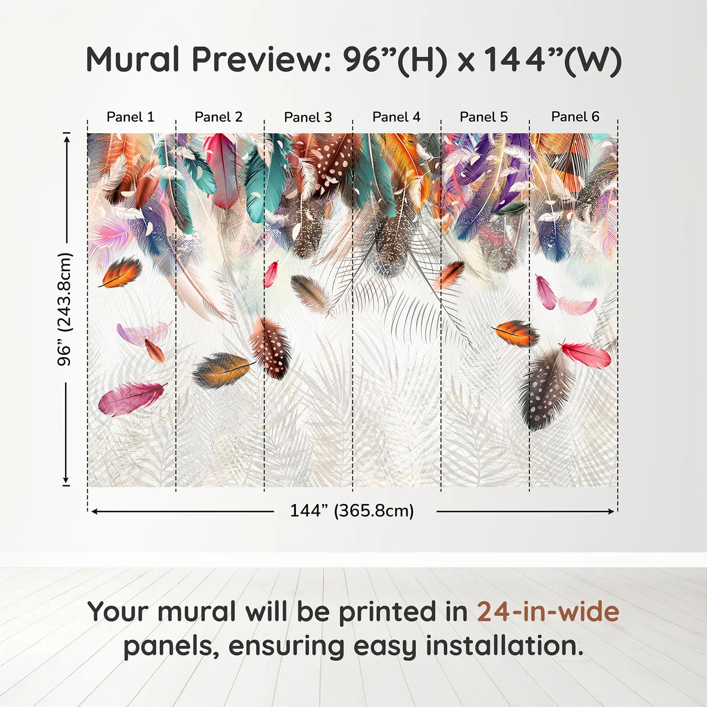 Whimsy Tots Falling Feathers Wall Muraldimension view (96" H x 144" W). Printed in six 24-inch-wide panels. Gender-Neutral