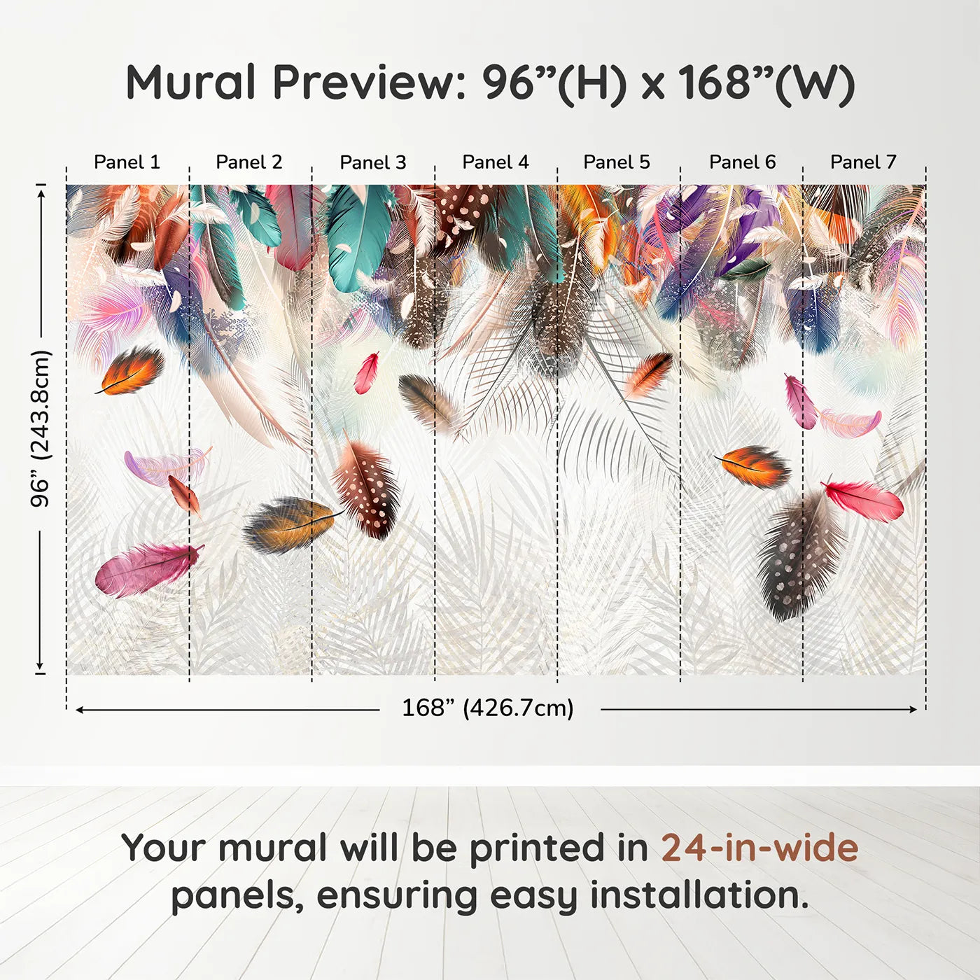 Whimsy Tots Falling Feathers Wall Muraldimension view (96" H x 168" W). Printed in seven 24-inch-wide panels. Gender-Neutral