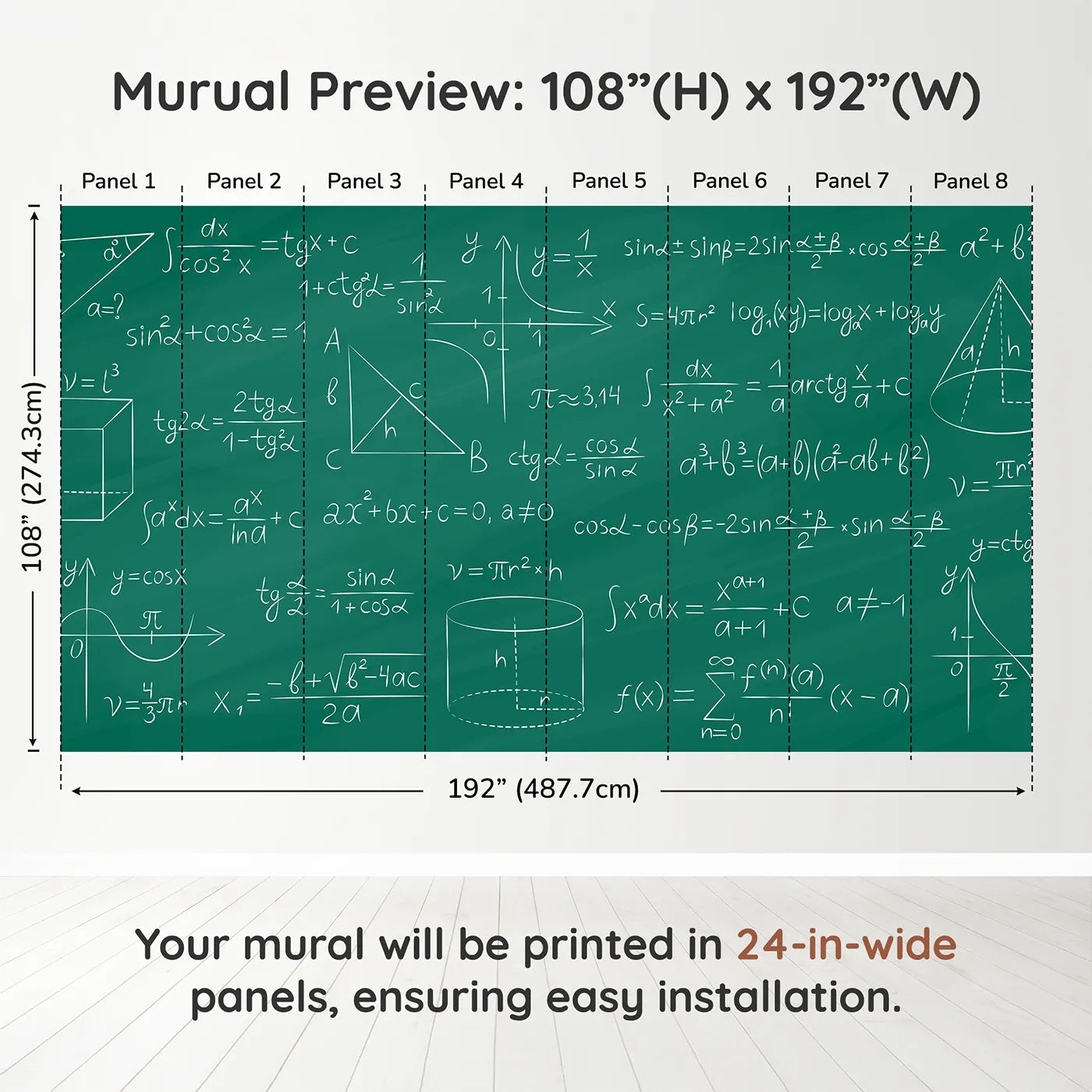 Whimsy Tots Trigonometry Chalkboard Wall Muraldimension view (108" H x 192" W). Printed in eight 24-inch-wide panels. Gender-Neutral