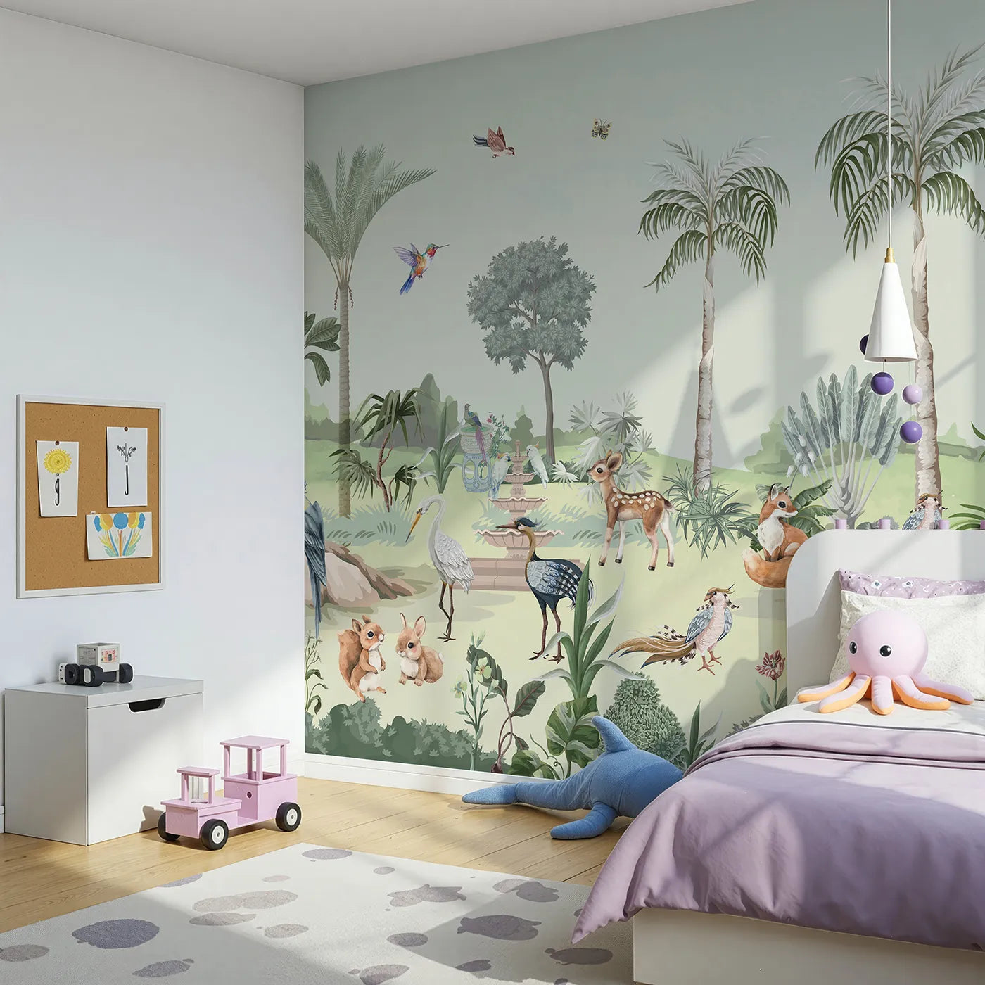Angled view of Whimsy Tots' Exotic Animal Garden Wall Mural (Turn Their Room into a Lush, Hand-Painted Paradise).Gender-Neutral