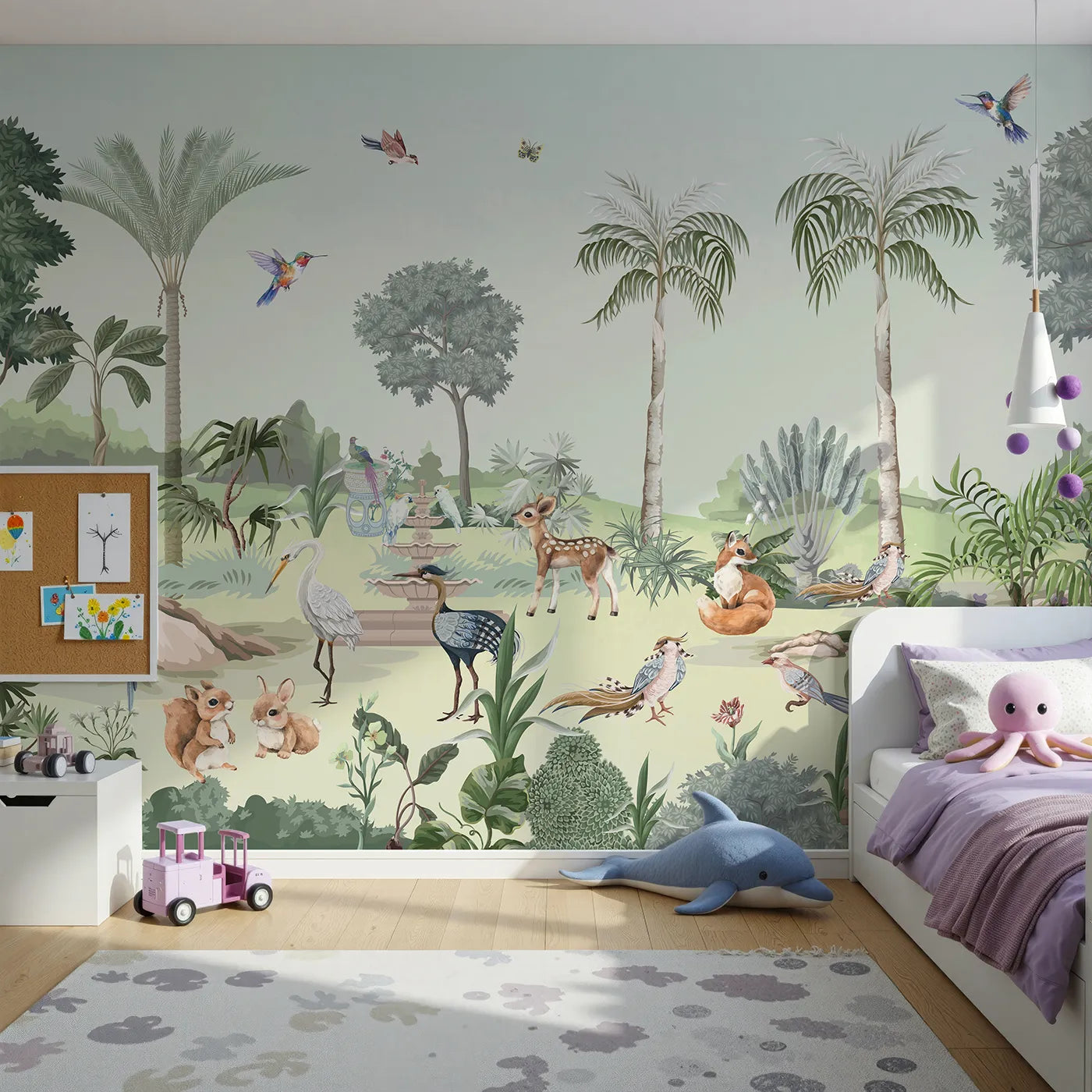 Front view of Whimsy Tots' Exotic Animal Garden Wall Mural