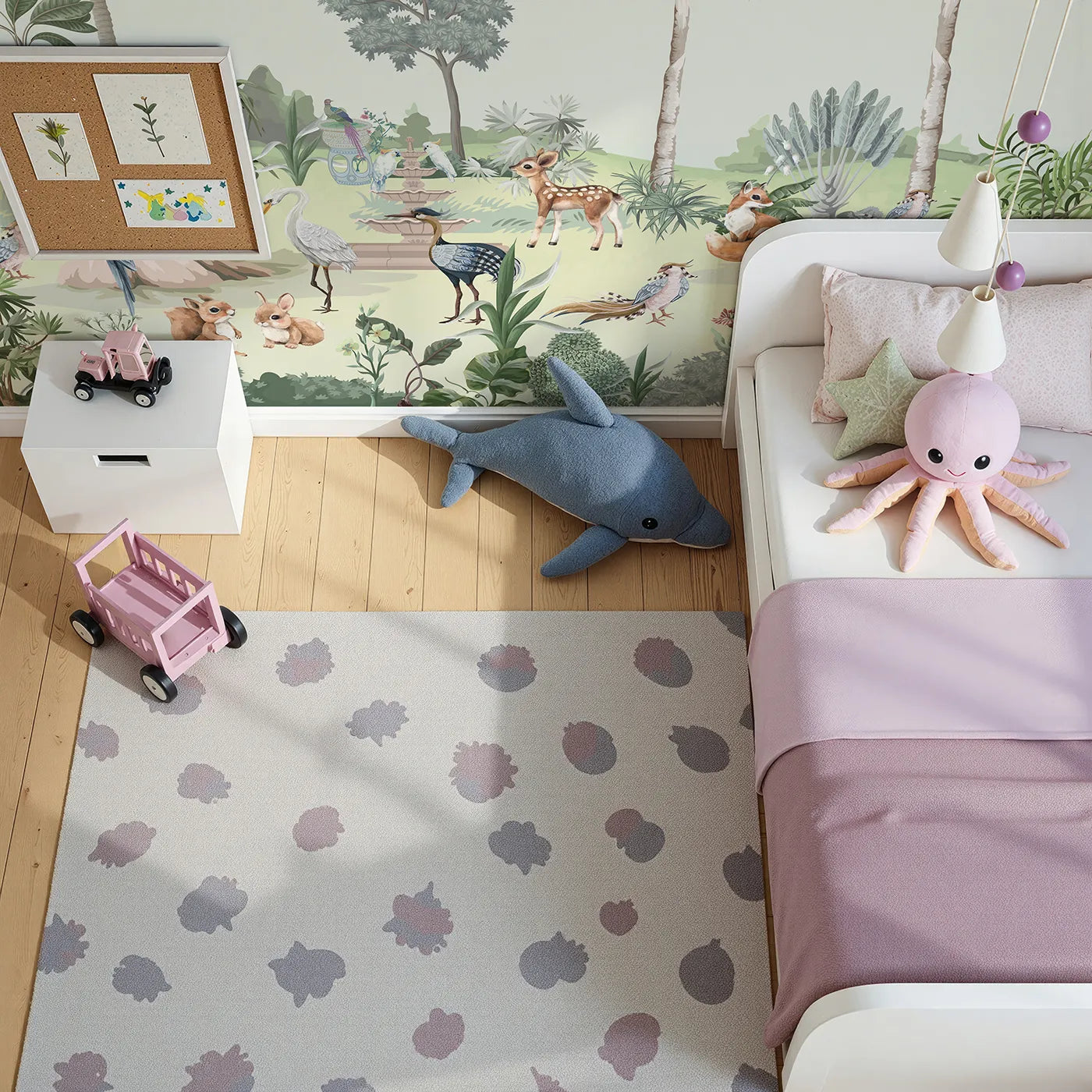 Top-down view of Whimsy Tots' Exotic Animal Garden Wall Mural (Turn Their Room into a Lush, Hand-Painted Paradise).Gender-Neutral