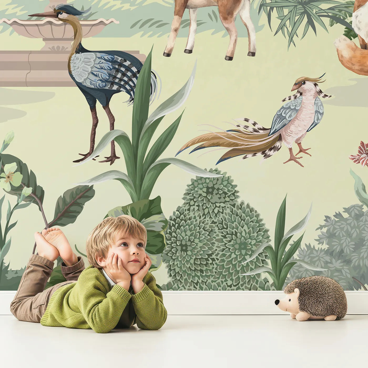 Child in front of Whimsy Tots Exotic Animal Garden Wall Mural with chinoiserie, vintage, floral, bird, animal, tropical, classic, elegant in design.