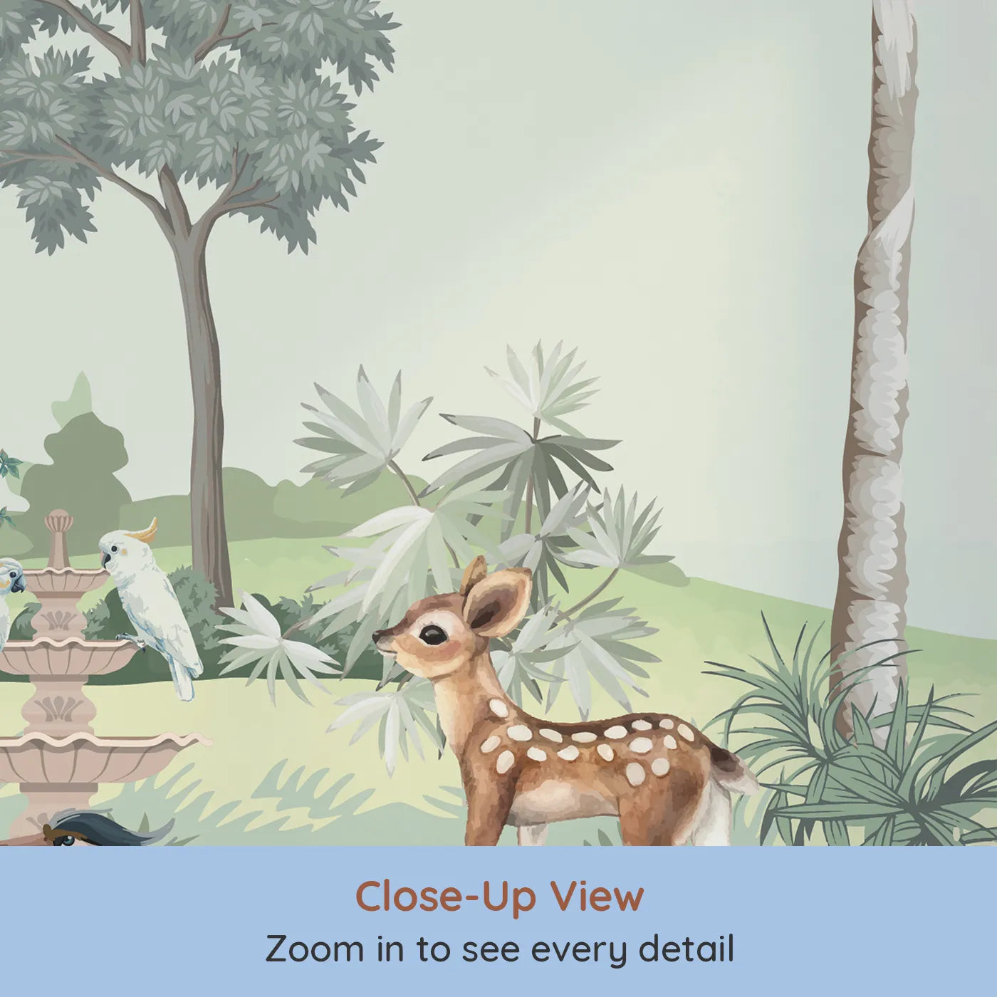 Close-up view of Whimsy Tots' Exotic Animal Garden Wall Mural (Turn Their Room into a Lush, Hand-Painted Paradise).Gender-Neutral
